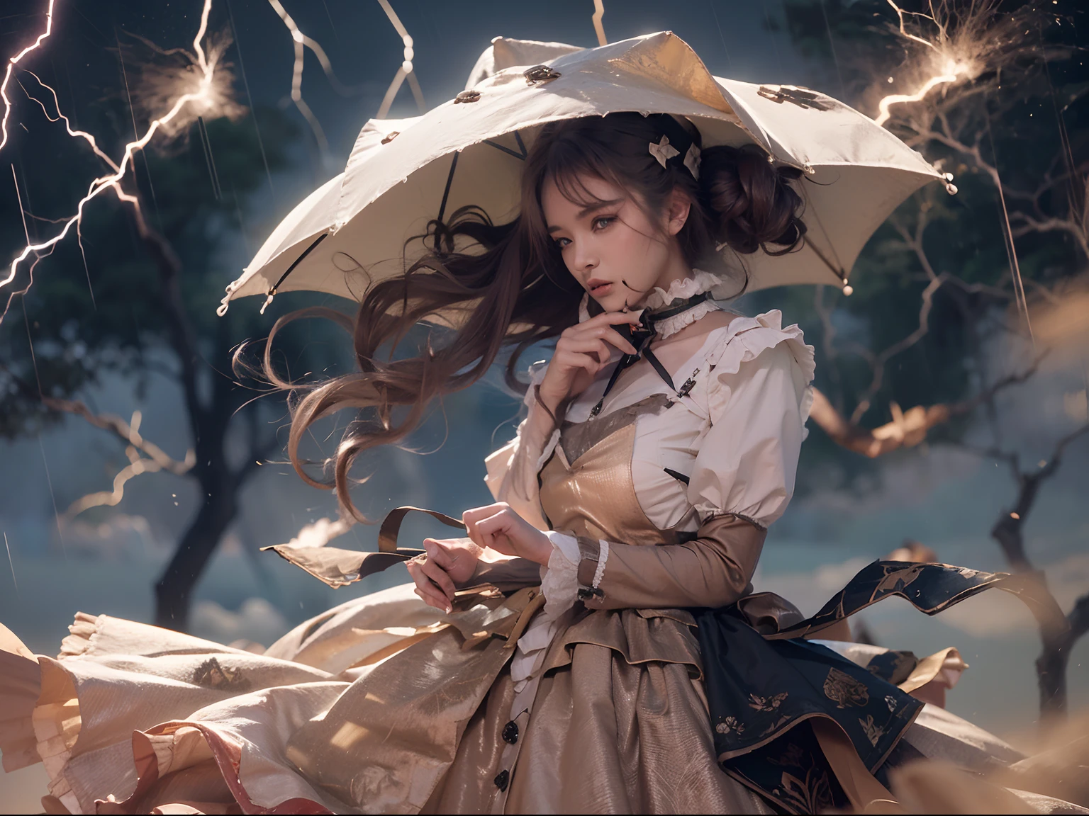 No campo de batalha da tempestade, Uma mulher vestida com um traje de ta empunha uma arma infundida com o poder do elemento de fogo.( Rain and lightning danced around him), Echoing the strength of his determination,Because it embodies the power of the forces of nature in battle.arte oficial, Papel de parede 8k, ultra detalhado, Beautiful and Aesthetic, Beautiful, master part, best quality,(Foco nas coxas para cima),rosto claro,olhos detalhados,(vento,Flowing strands of hair,Fluttering skirt),