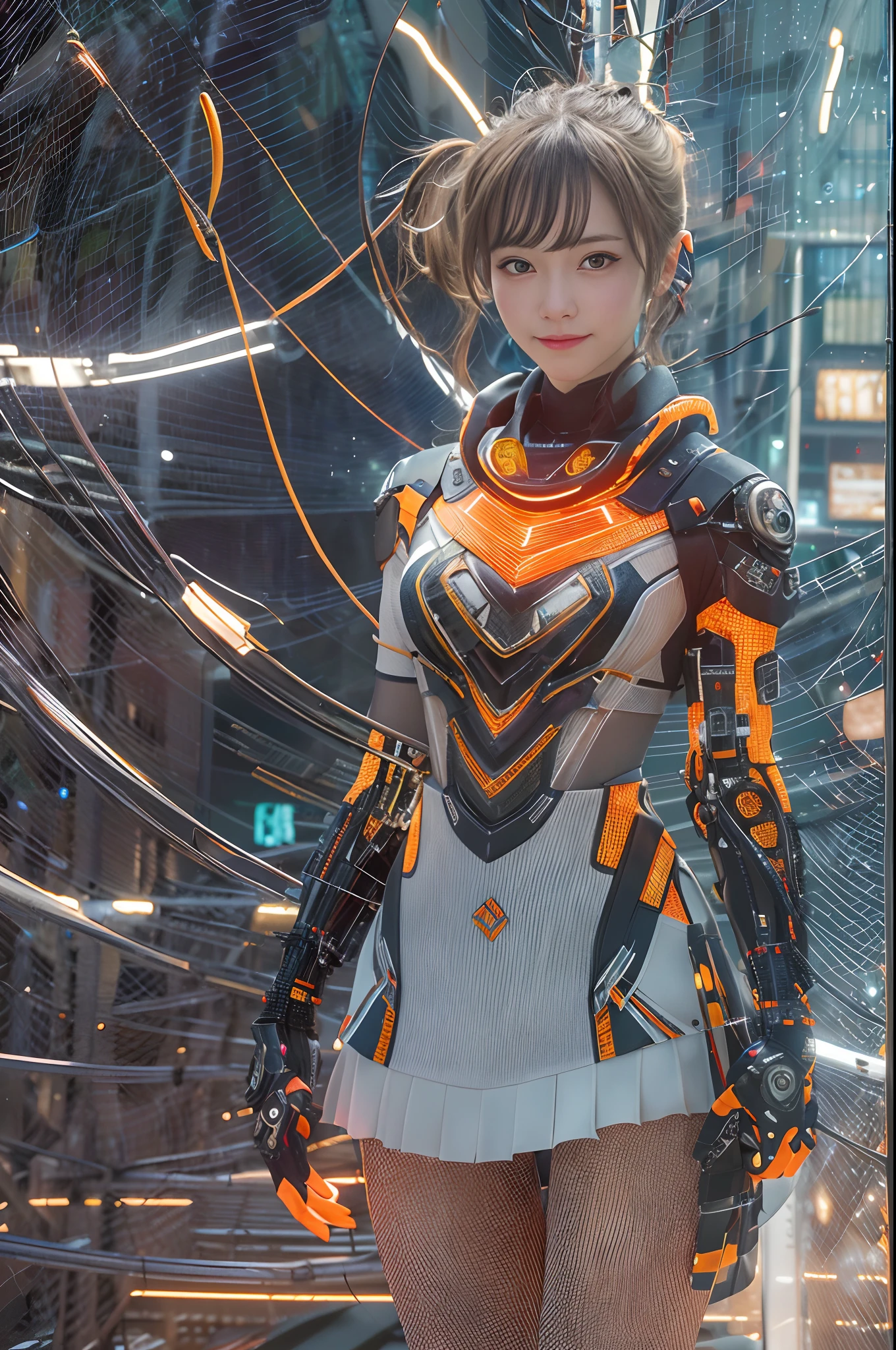 Cybernetic arm and glowing cyber girl,(J Women's Uniform,a sailor suit,White skirt,),Strenuous movements,Add a motion blur effect to simulate motion,Stand on a post-apocalyptic battlefield cityscape.Surrounded by a network of wires. Surrounded by a web of circuits. (Cyber Girl with Orange Glowing Sword:1.3), Glossy light brown and orange two-tone color,short-hair,disheveled ponytail,Cute smile,Perfect round face,Black eyes,A cheerful smile that makes the viewer happy,Proper body proportion,Intricate details,Very delicate and beautiful hair,photos realistic,Dreamy,Professional Lighting,realistic shadow,Solo Focus,Beautiful hands,Beautiful fingers,Detailed finger features,detailed clothes features,Detailed hair features,detailed facial features,(masutepiece,top-quality,Ultra-high resolution output image,) ,(The 8k quality,),Science fiction fantasy