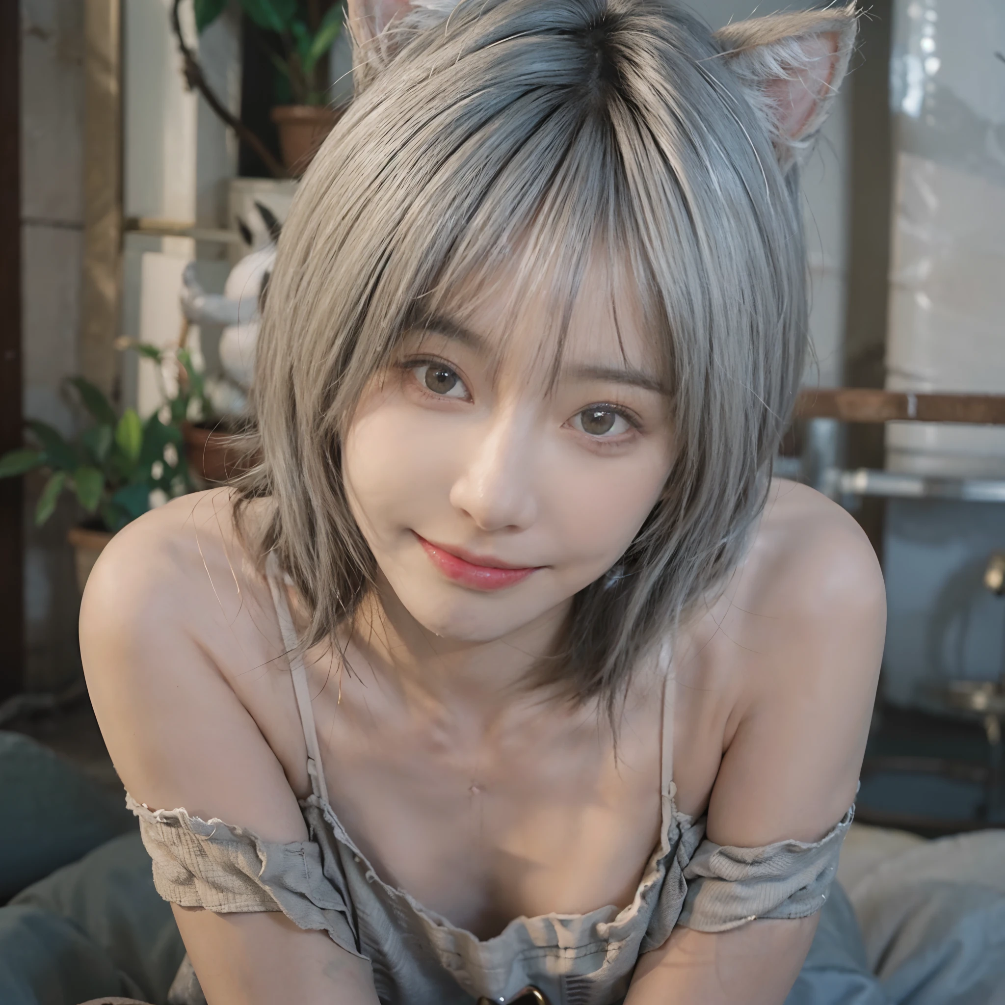 8K,NSFW、Cheerful pose、Natural smile、(whitish hair) 、undersized head、The whole body is shown、White hair、Best Quality, masutepiece, Ultra High Resolution, (Realism: 1.4), Original photo, Colors inspired by red、(True skin texture: 1.3), (Film grain: 1.3), Beautiful eyes and face details, masutepiece, Best Quality, close up, Full body, Gray hair shortcut、18year old、White cat ears