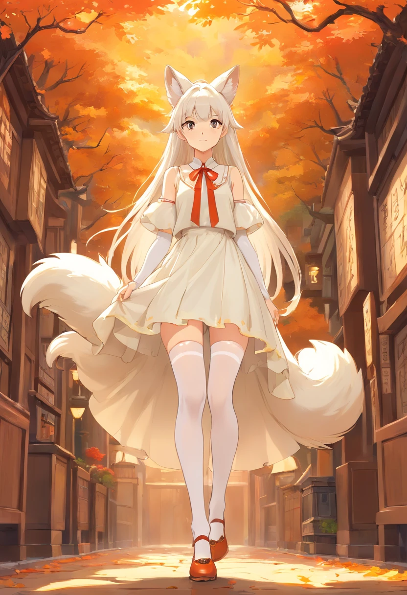 fox ear,Slender calves,white stockings,Masterpiece,Extremely tall girl,Huge maiden,Full limbs,Long-range shots,long white hair,a white long skirt