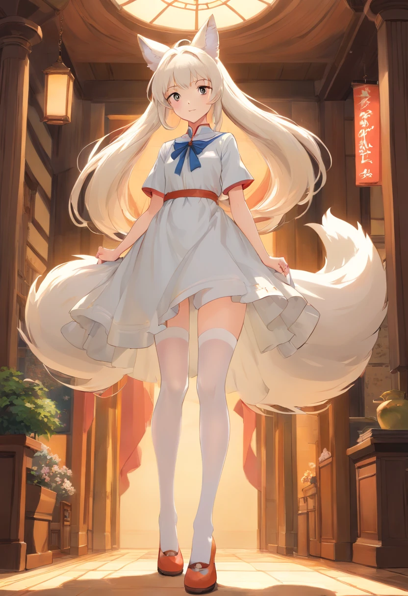 fox ear，Slender calves，white stockings，Masterpiece，Extremely tall girl，Huge maiden，Full limbs，Long-range shots,long  white hair，a white long skirt