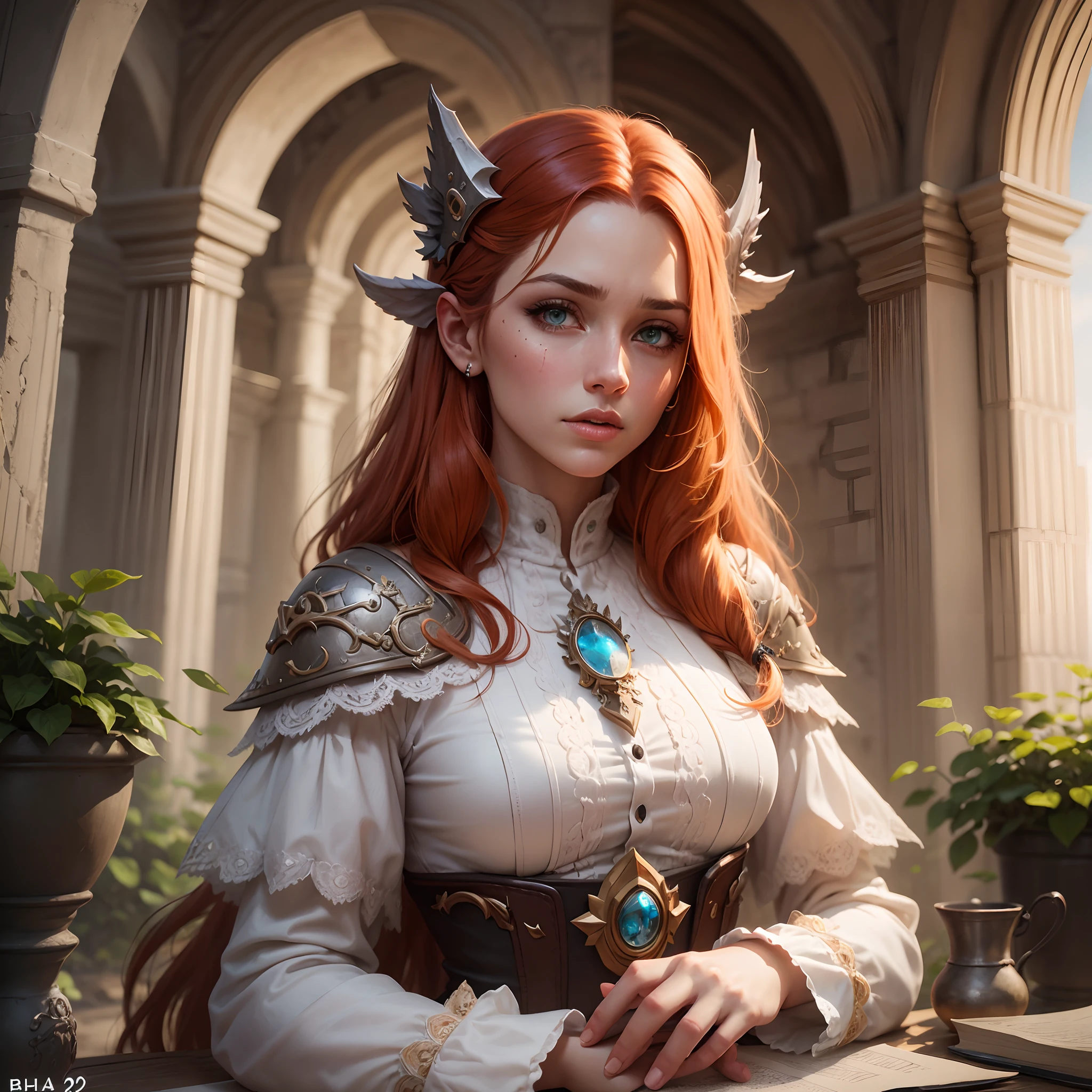 model shot, a cute mage, 22-old-woman, ginger hair, intricate white dress, richly decorated, emotional, castle, landscape, fantasy art, comics style, ink painting, multicoloured, highly detailed, behance hd, 4k, oil painting, artstation, warcraft style --auto --s2