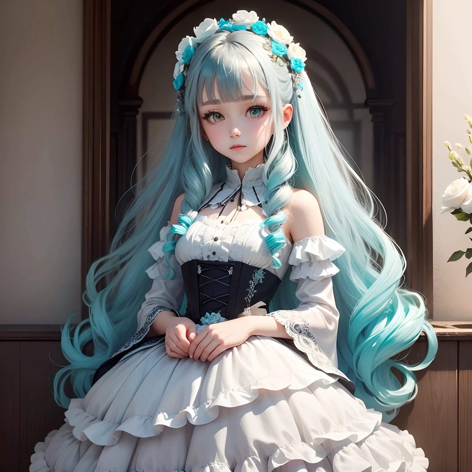 flower hair ornaments,{{turquoise dress}}, gray shadow dress,wide sleeves,floral print sleeves,Gothic lolita,white skirt,layered skirt,white sleeves,Curly long hair,a beauty girl,Fine hands,Fine fingers,(Best Quality)Fine details,There are a lot of flowers,