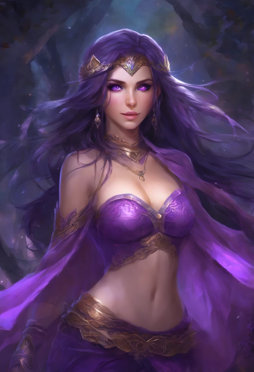 (((vivid purple eyes))), Half-elf female mage, Casaco Preto, (mangas roxas), (tight gray pants), (purple silk scarf), tied back silky shoulder length detailed black hair, (dark gothic makeup), pele castanha muito clara, (seios enormes), pequenas orelhas pontudas, quadris largos, figura da ampulheta, big booty, (Persa)