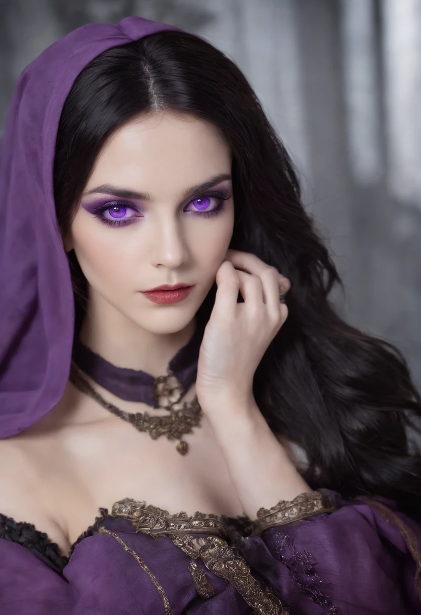 (((vivid purple eyes))), Half-elf female mage, Casaco Preto, (mangas roxas), (tight gray pants), (purple silk scarf), tied back silky shoulder length detailed black hair, (dark gothic makeup), pele castanha muito clara, (seios enormes), pequenas orelhas pontudas, quadris largos, figura da ampulheta, big booty, (Persa)