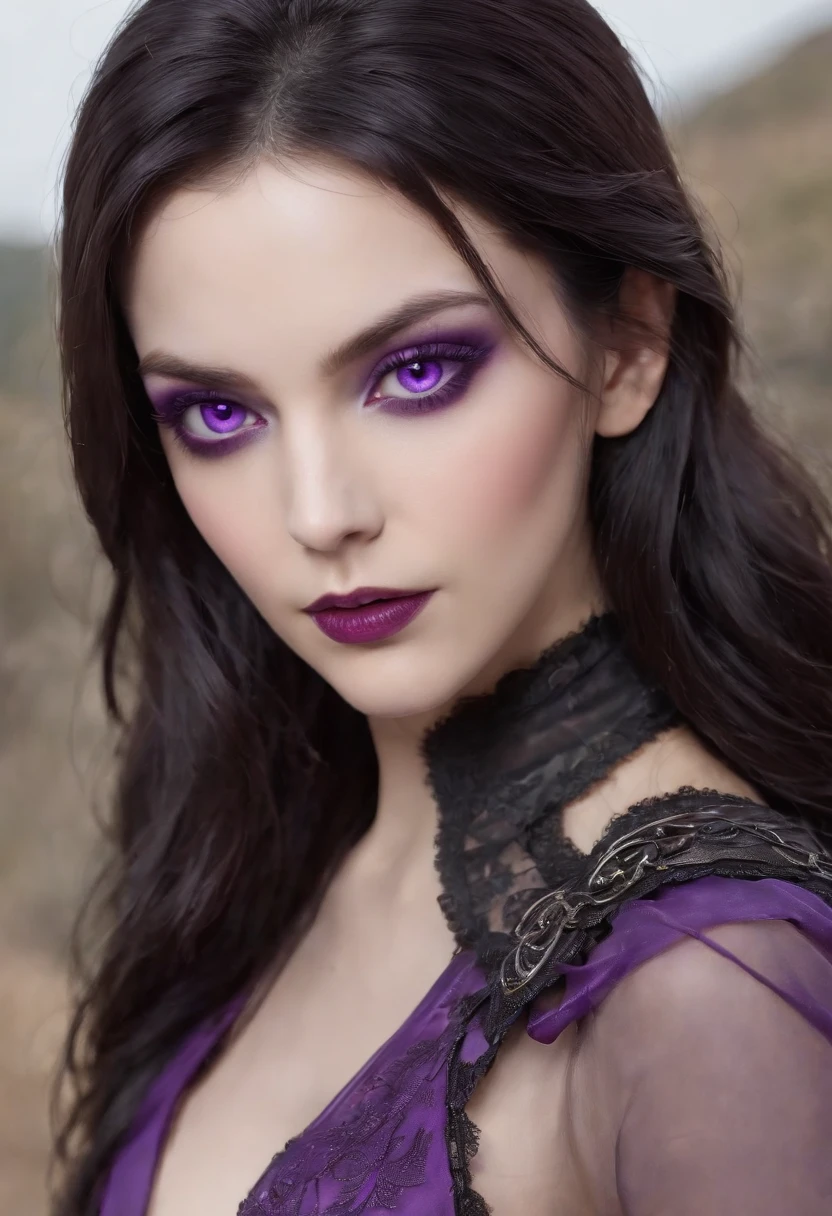 (((vivid purple eyes))), Half-elf female mage, Casaco Preto, (mangas roxas), (tight gray pants), (purple silk scarf), tied back silky shoulder length detailed black hair, (dark gothic makeup), pele castanha muito clara, (seios enormes), pequenas orelhas pontudas, quadris largos, figura da ampulheta, big booty, (Persa)