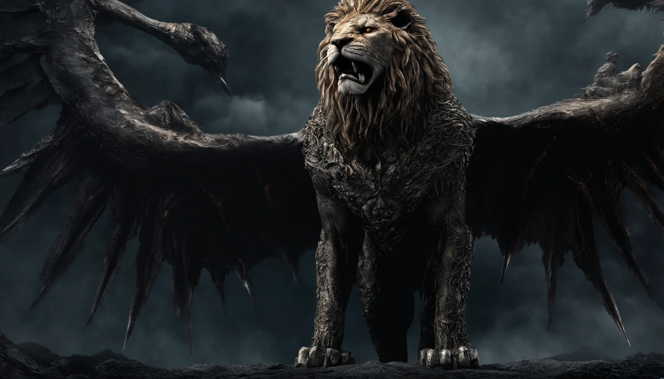 a lion with Wings (Lion Sky Dorado) CU (piercing red eyes),Close-up let go (Blood and fire) Through the nose,Chest scales,high high quality,8K,Many details,Fire lettuce,Alas,4 legs,Spotted claws,golds,dangers,fires,dentes pontiagudos,big dragon,immensity,threatening,imponent,Blue scales