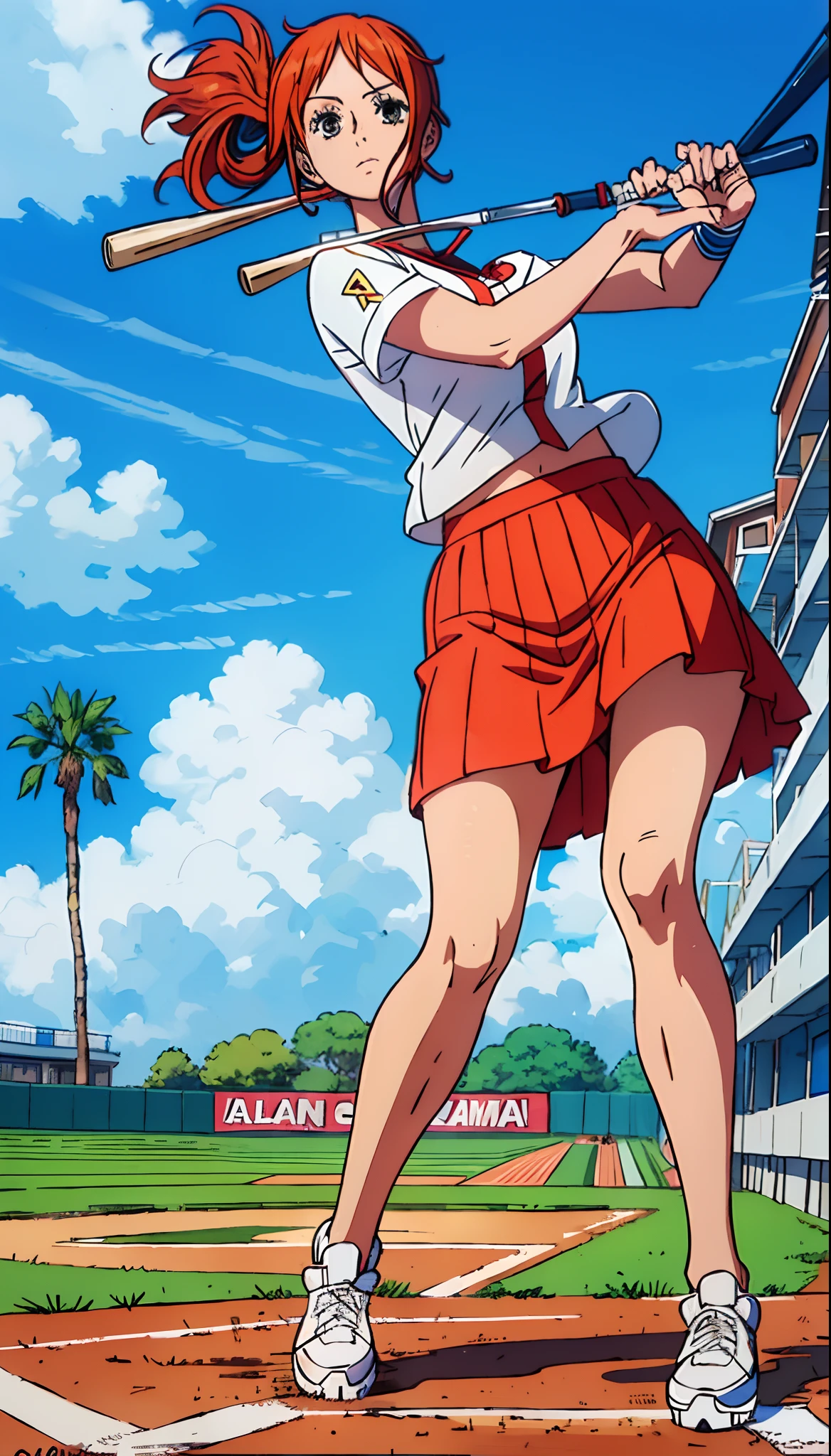 masterpiece, best quality, high resolution, ultra detailed face, super detailed, a woman in a skirt holding a baseball bat on a baseball field, nami \(one piece\)