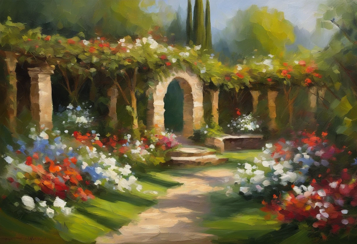 Medieval garden,Planted with white flowers,There is a stone pavilion and stone chairs