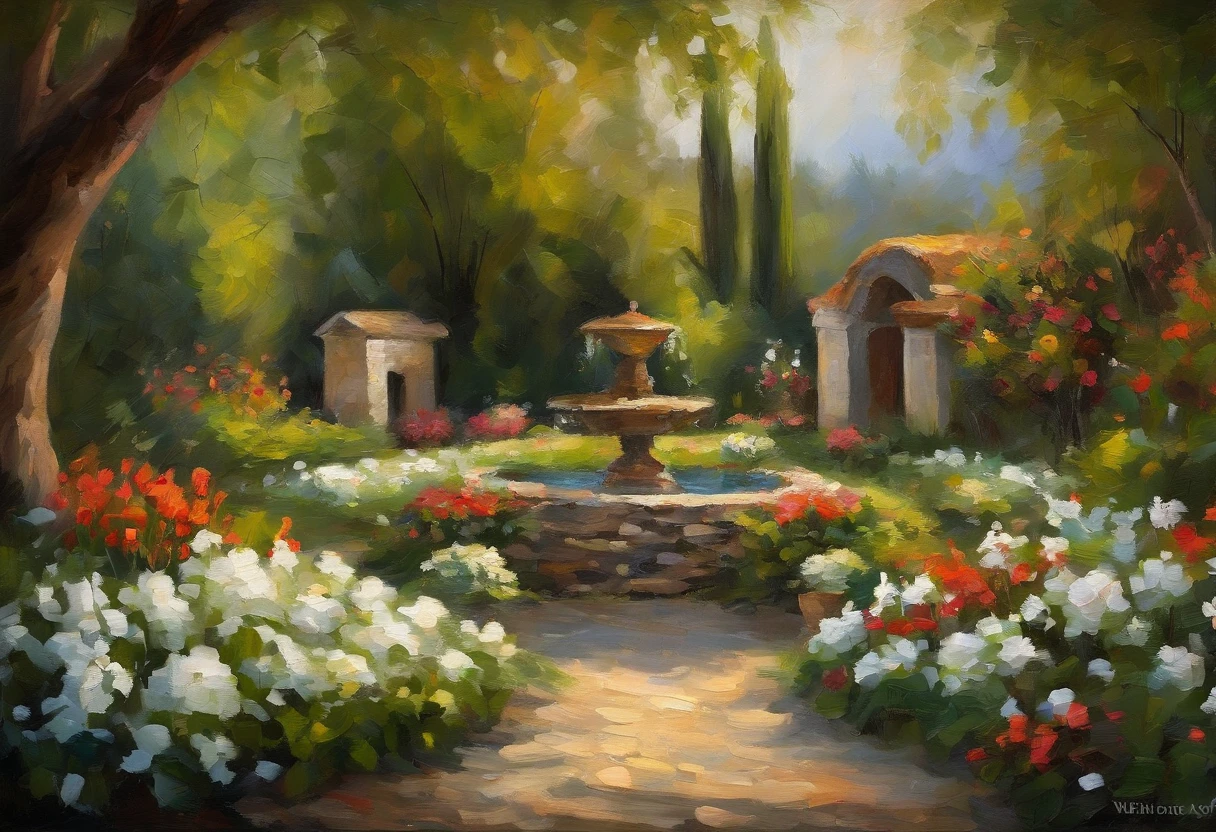 Medieval garden，Planted with white flowers，There is a stone pavilion and stone chairs