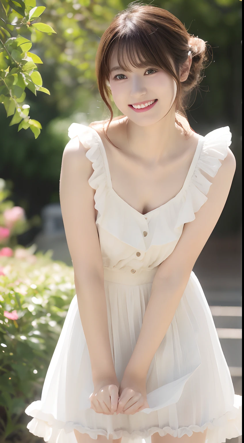 Japan woman in white dress posing for photo, Women have very beautiful eyes, Brown bob hair, Twin-tailed、Digital Art of Digital Painting, ta dress, Lemon-colored dress with a lot of frills, Art that is not Gwaites style,Grab the skirt and pull it up slightly,20yr old、Wearing elegant dresses, shy and demure, ssmile、Unclear、drooing eyes、Smooth digital painting, detailed dress and face, ArtGerm. high detailing ,Refreshing breeze、（Hair is disheveled）、（Skirt fluttering in the wind）、Cute pose for the viewer