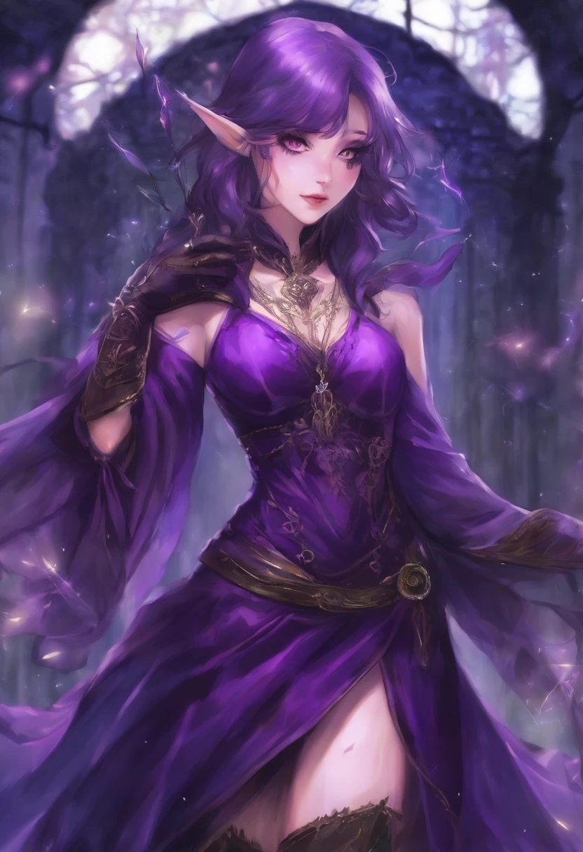 (((vivid purple eyes))), Half-elf female mage, Casaco Preto, (mangas roxas), (tight gray pants), (purple silk scarf), tied back silky shoulder length detailed black hair, (dark gothic makeup), pele castanha muito clara, (seios enormes), pequenas orelhas pontudas, quadris largos, figura da ampulheta, big booty, (Persa)