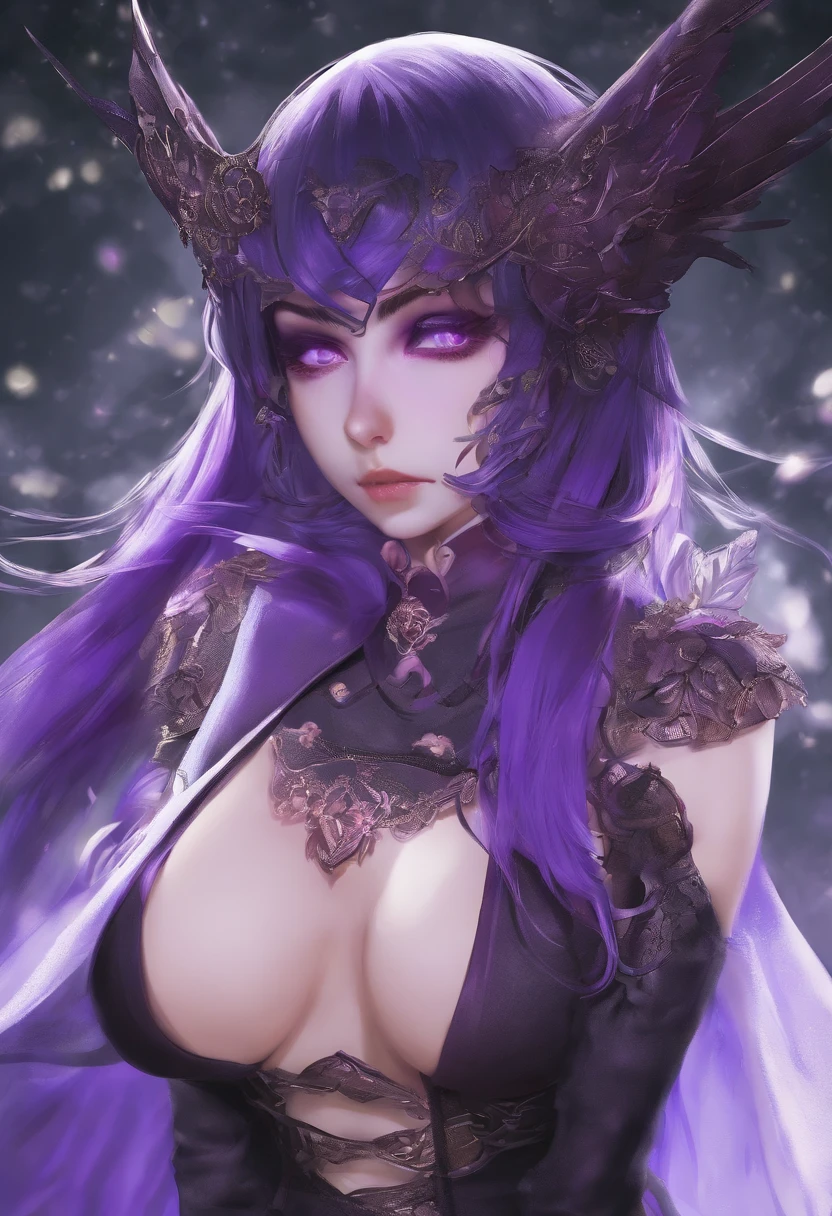 (((vivid purple eyes))), Half-elf female mage, Casaco Preto, (mangas roxas), (tight gray pants), (purple silk scarf), tied back silky shoulder length detailed black hair, (dark gothic makeup), pele castanha muito clara, ( enormes), pequenas orelhas pontudas, quadris largos, figura da ampulheta, big booty, (Persa)