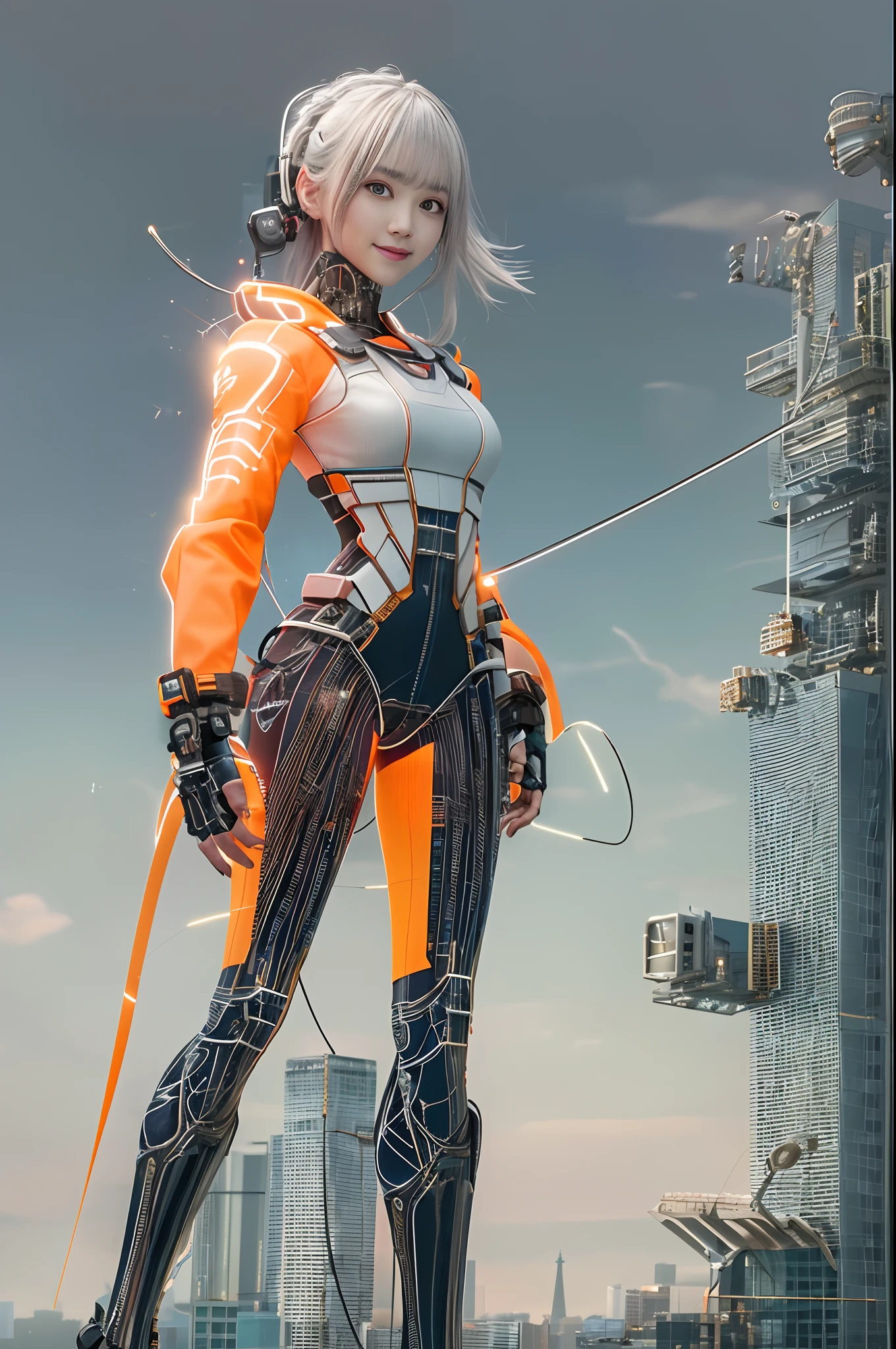 Cybernetic arm and glowing cyber girl,(J Women's Uniform,a sailor suit,White skirt,),Strenuous movements,Add a motion blur effect to simulate motion,Stand on a post-apocalyptic battlefield cityscape.Surrounded by a network of wires. Surrounded by a web of circuits. (Cyber Girl with Orange Glowing Sword:1.3), Shiny Silver Shorthair,disheveled ponytail,Cute smile,Perfect round face,Black eyes,A cheerful smile that makes the viewer happy,Proper body proportion,Intricate details,Very delicate and beautiful hair,photos realistic,Dreamy,Professional Lighting,realistic shadow,Solo Focus,Beautiful hands,Beautiful fingers,Detailed finger features,detailed clothes features,Detailed hair features,detailed facial features,(masutepiece,top-quality,Ultra-high resolution output image,) ,(The 8k quality,),