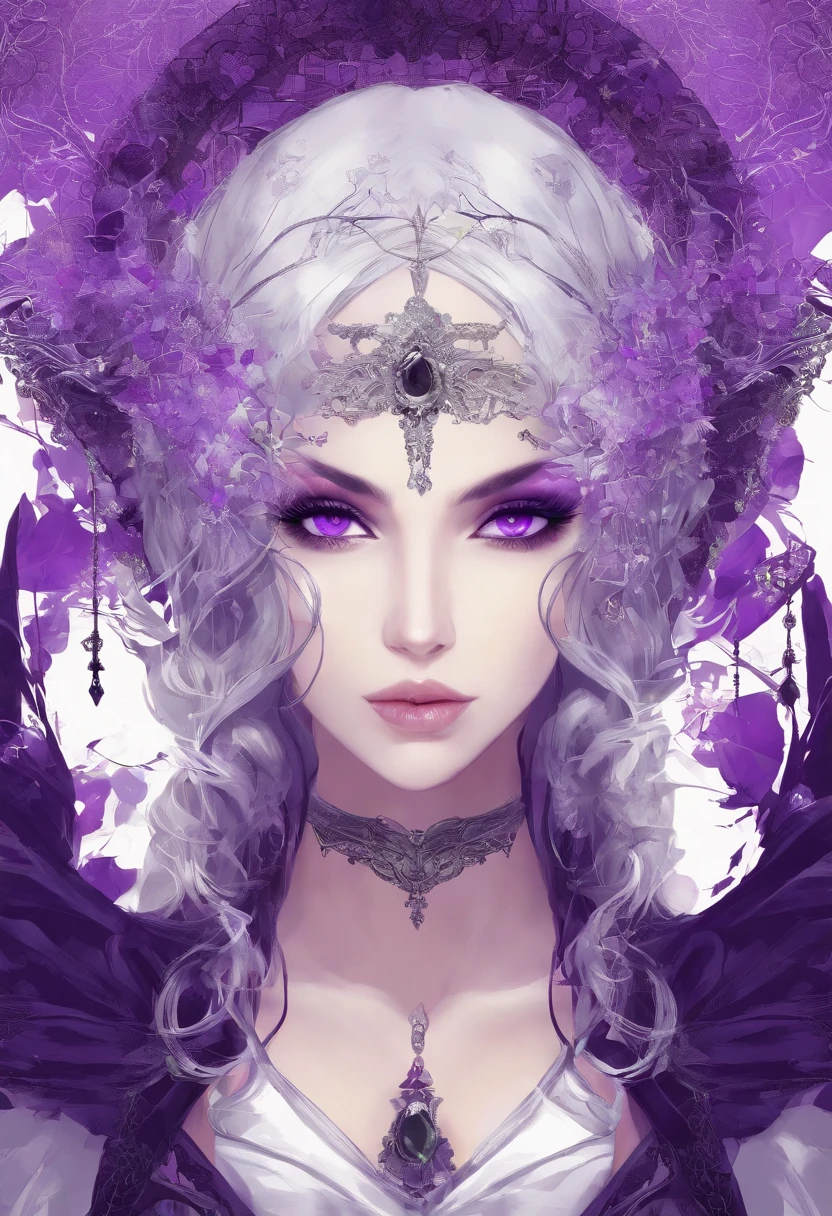 (((vivid purple eyes))), Half-elf female mage, Casaco Preto, (mangas roxas), (tight gray pants), (purple silk scarf), tied back silky shoulder length detailed black hair, (dark gothic makeup), pele castanha muito clara, (seios enormes), pequenas orelhas pontudas, quadris largos, figura da ampulheta, big booty, (Persa)