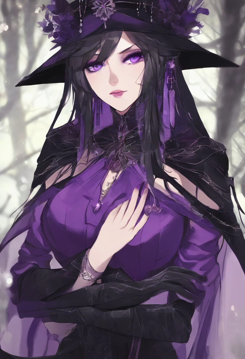 A beautiful anime-style girl with long hair and a purple flower、Face of Sadness、Sad beautiful girl、A beautiful girl with a well-balanced and glamorous body、A beautiful immoral girl in a provocative black and grey dress、Full Body Shot、Crow、Undead、fog、mystery、graveyard of darkness。