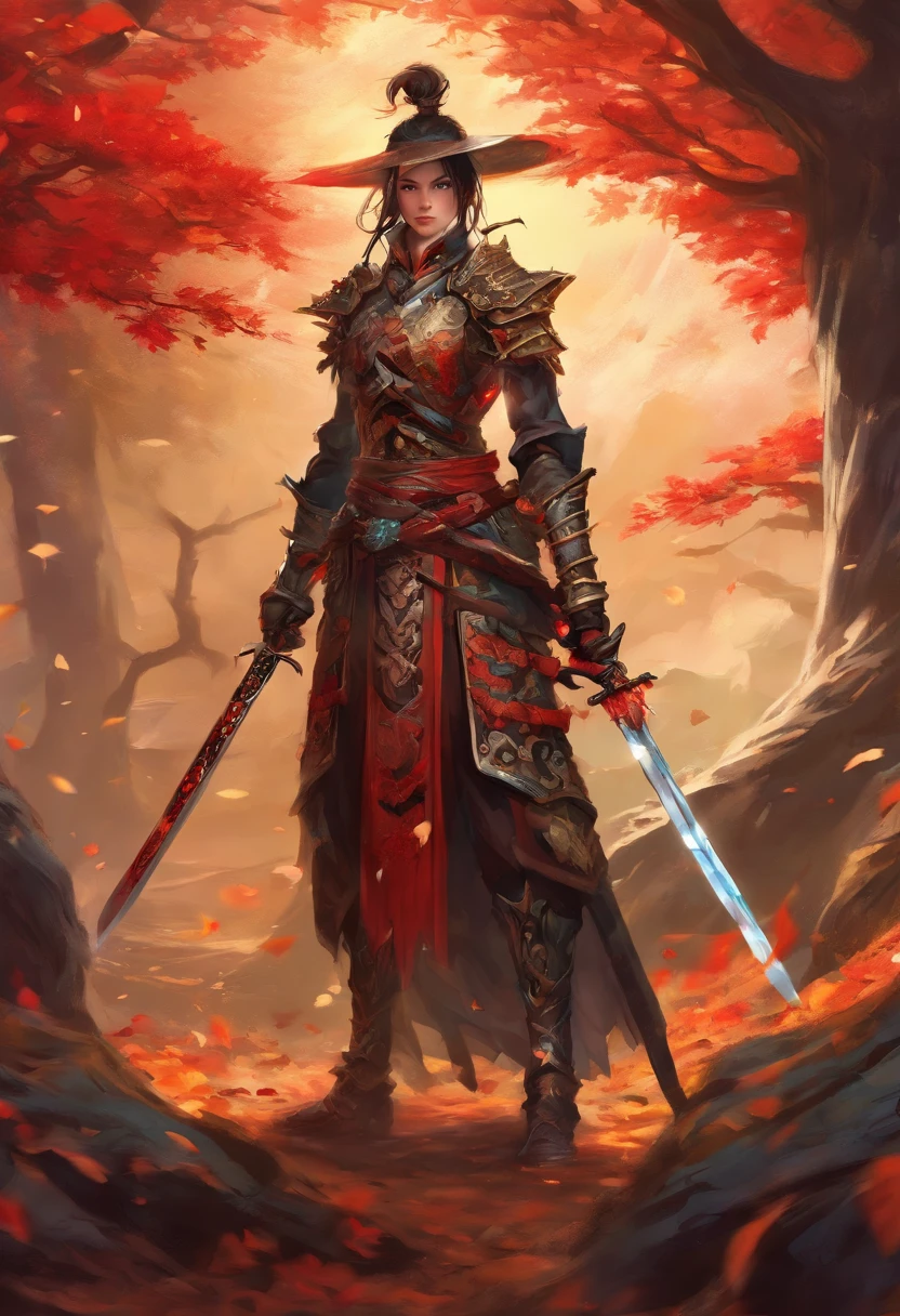 (8K, 16 K, awardwinning, Highest Quality, High resolution, Super Detail,), Highly detailed 4K resolution digital artwork, (Skeleton Swordsman: 1.3), Samurai, Lighting is dynamic, Highlighted intricate details, Splash art with triad colors and deep tones, Storybook style, Warriors have no hair, The best camera models and lenses, Japanese Katana Sword, A large tree with autumn leaves, red leaves, Return blood, Overwhelming beauty, A bunch of swords stuck in the ground, Symbol of strength.