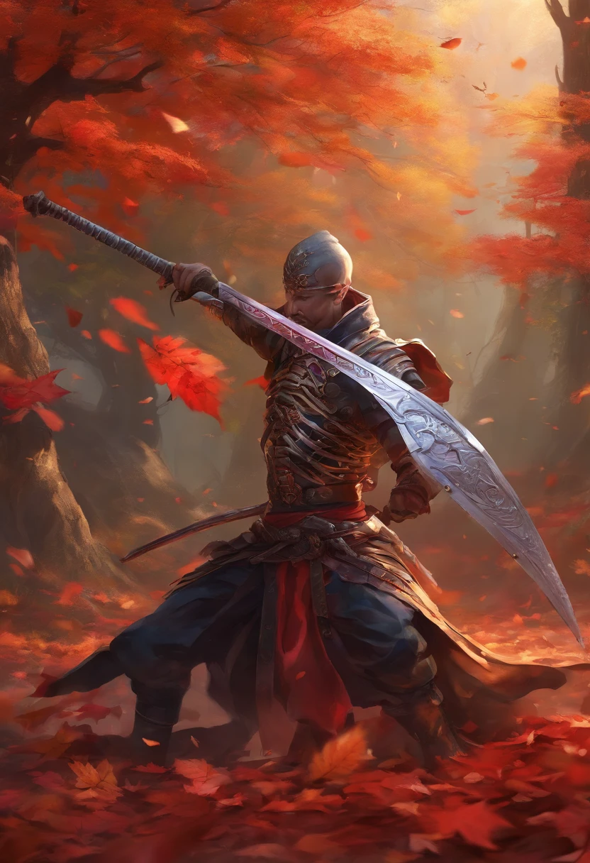 (8K, 16 K, awardwinning, Highest Quality, High resolution, Super Detail,), Highly detailed 4K resolution digital artwork, (Skeleton Swordsman: 1.3), Samurai, Lighting is dynamic, Highlighted intricate details, Splash art with triad colors and deep tones, Storybook style, Warriors have no hair, The best camera models and lenses, Japanese Katana Sword, A large tree with autumn leaves, red leaves, Return blood, Overwhelming beauty, A bunch of swords stuck in the ground, Symbol of strength.
