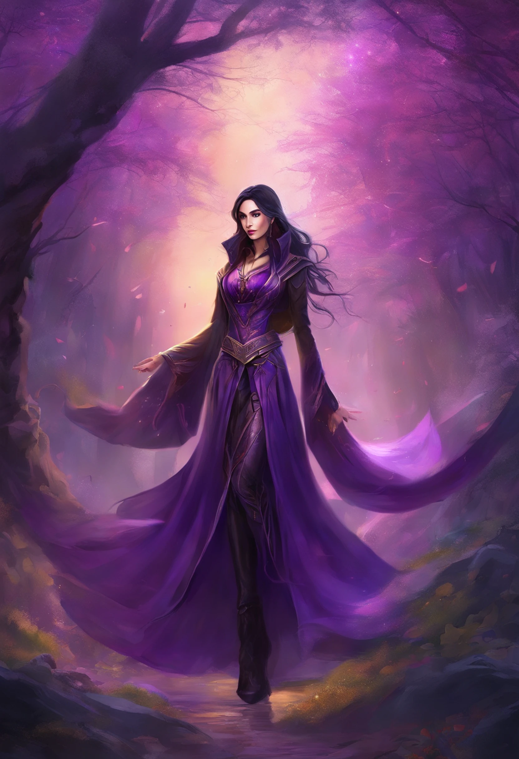 (((vivid purple eyes))), half-elf female wizard, black coat, (purple sleeves), (tight grey pants), (purple silk scarf), tied back silky shoulder length detailed black hair, (dark gothic makeup), very light brown skin, (enormous breasts), small pointy ears, wide hips, hourglass figure, big booty, (Persian)