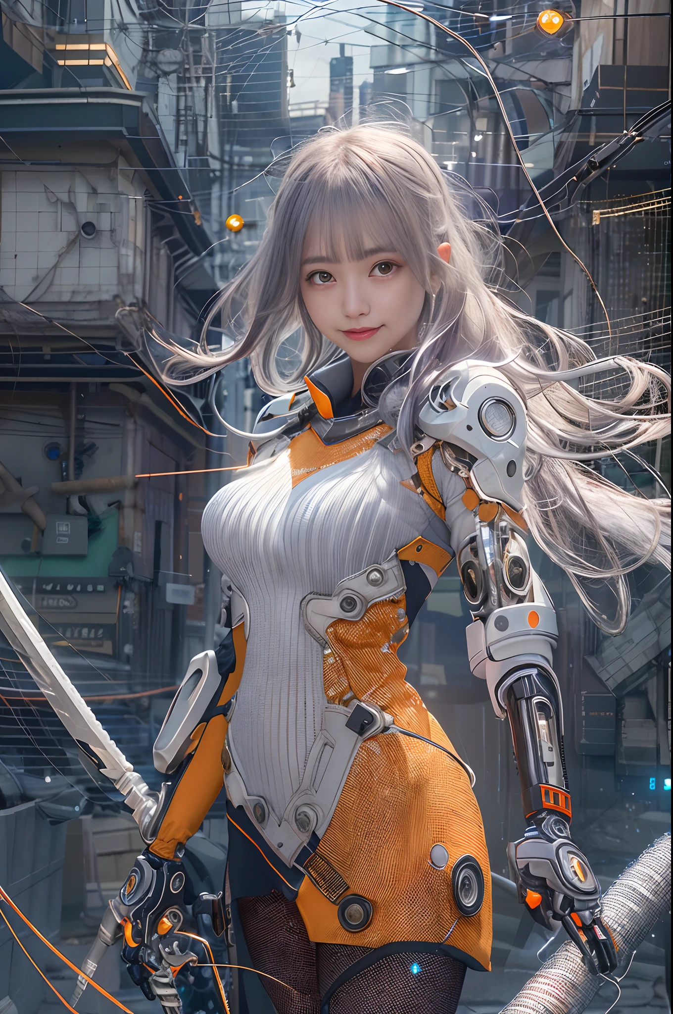 Cybernetic arm and glowing cyber girl,(J Women's Uniform,a sailor suit,White skirt,),Strenuous movements,Add a motion blur effect to simulate motion,Stand on a post-apocalyptic battlefield cityscape.Surrounded by a network of wires. Surrounded by a web of circuits. (Cyber Girl with Orange Glowing Sword:1.3), Shiny Silver Shorthair,disheveled ponytail,Cute smile,Perfect round face,Black eyes,A cheerful smile that makes the viewer happy,Proper body proportion,Intricate details,Very delicate and beautiful hair,photos realistic,Dreamy,Professional Lighting,realistic shadow,Solo Focus,Beautiful hands,Beautiful fingers,Detailed finger features,detailed clothes features,Detailed hair features,detailed facial features,(masutepiece,top-quality,Ultra-high resolution output image,) ,(The 8k quality,),