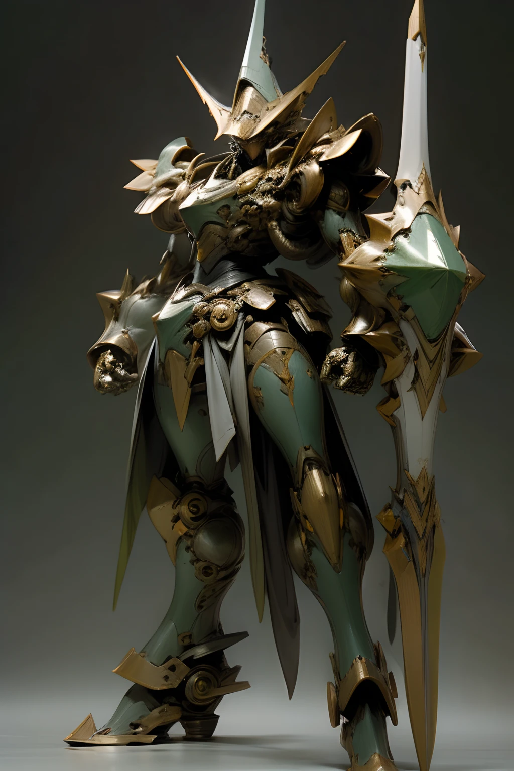 masterpiece, best quality, ultra—detailed, sharp focus,
Mamoru Nagano Style, Five Star Story, Mortar Headd, Heavy Metal, L-Gaim, Mirage knight, mecha, no_humans, green color,
Medieval armor style, cool robot:1.3, big headpiece, Large shoulders, skirt, wide hem, big feet:1.7, pointed toes, extremely thin waist:1.3, large pointed vertical shield, height 16 meters, model standing, background white:1.3, cinematic lighting,