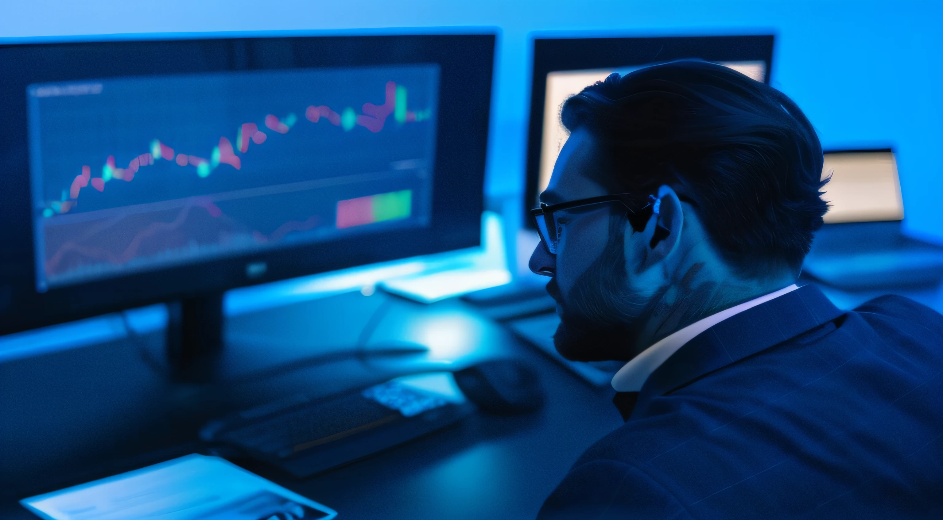 there is a man sitting at a desk with two computer monitors, displaying stock charts, looking at monitor, trading stocks, trading, center focused, traders, contemplating, by Adam Marczyński, trending on markets, technical, 2019 trending photo, photo still, multi-dimensional, by Emma Andijewska, by Nicholas Marsicano