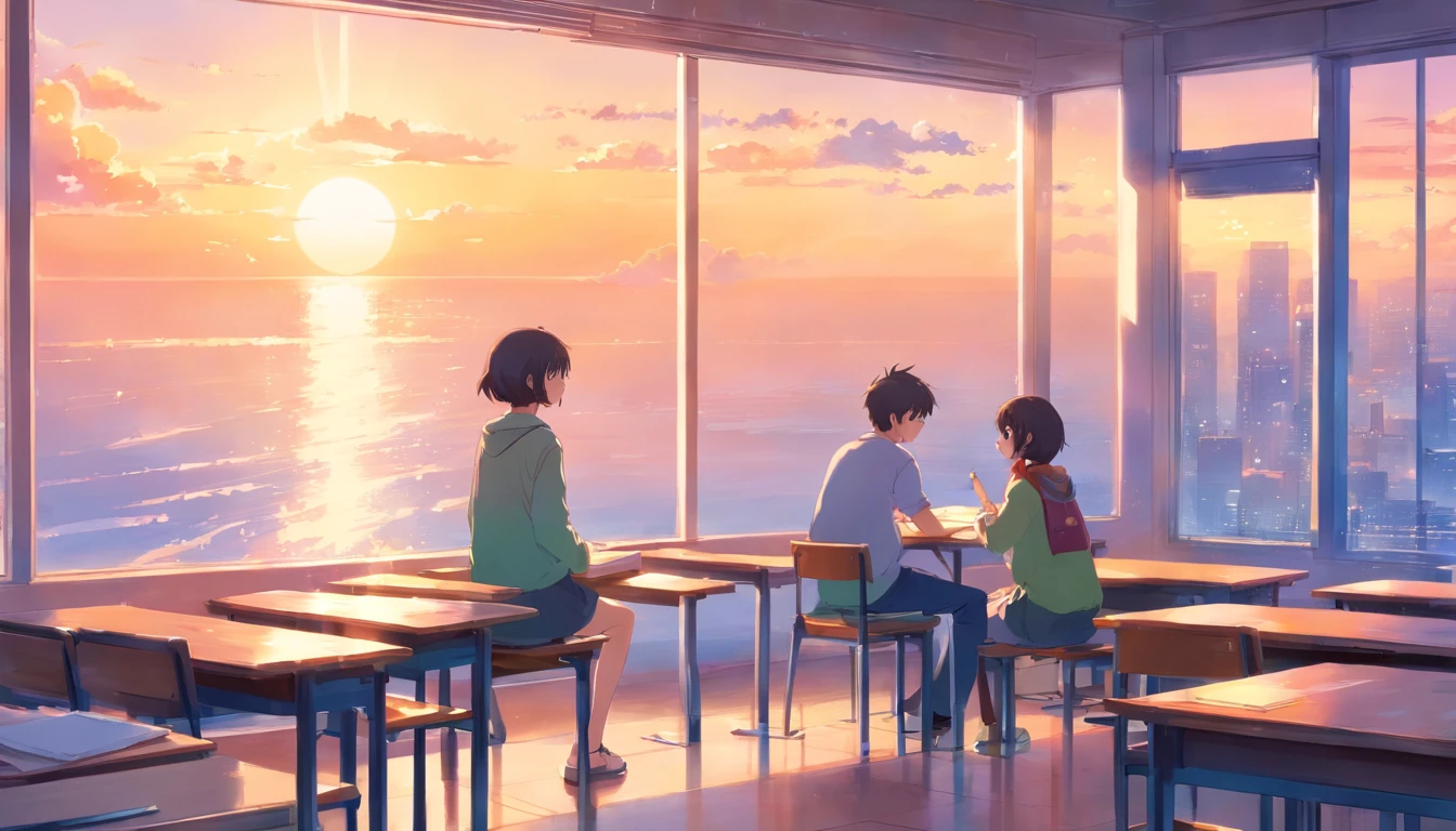 top-quality、tmasterpiece、Soft focus , Bright gradient watercolor , Dreamy ,one Girl and one boy, text book , pencil ,school, classroom