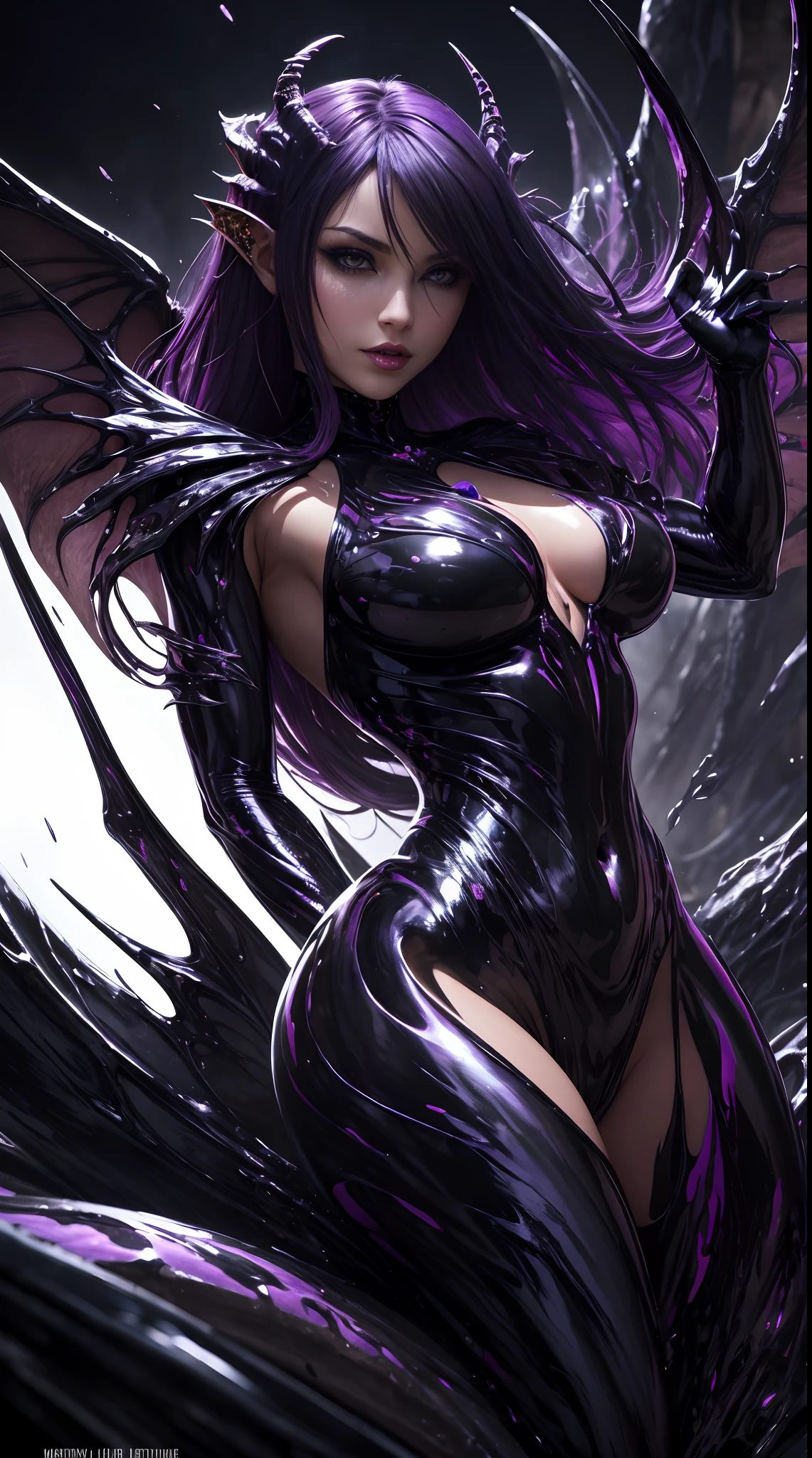 (Storyboard:1.4), Liquid succubus, liquid demoness, arcane liquid fluid fighting pose, sexy, alluring, erotic,( body formed from mauveine and black liquid metallic paint twisting into a beautiful interpretation of the female figure), long sharp fangs, ((complex metallic colours in the foreground)), (( fluid mechanics, the loveliest smooth scale face makeup)) - dark blood, onyxia, translucent skin mechanical