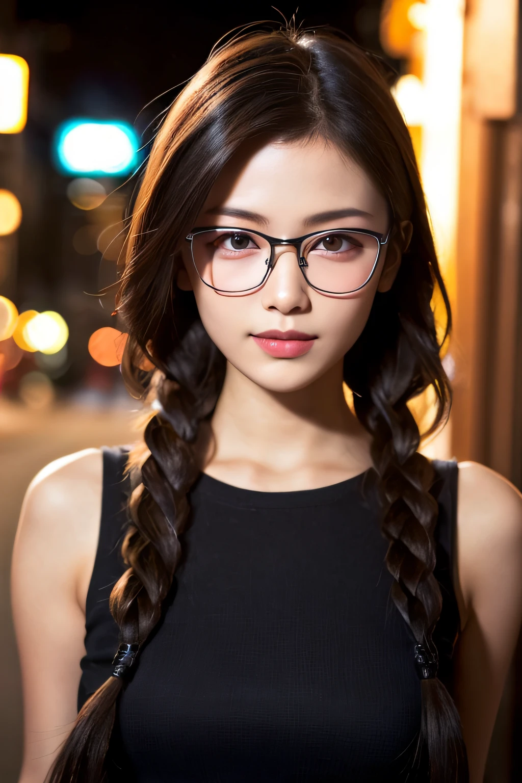 (8K、Raw photography、top-quality、​masterpiece:1.2)、(realisitic、Photorealsitic:1.37)、ultra-detailliert、超A high resolution、女の子1人、see the beholder、beautifull detailed face、A smile、Constriction、(Slim waist) :1.3)、White summer clothes、Beautiful detailed skin、Skin Texture、Floating hair、Braided hair、Professional Lighting、Downtown at night、((Black square glasses )) 、Whole human body、Brown hair