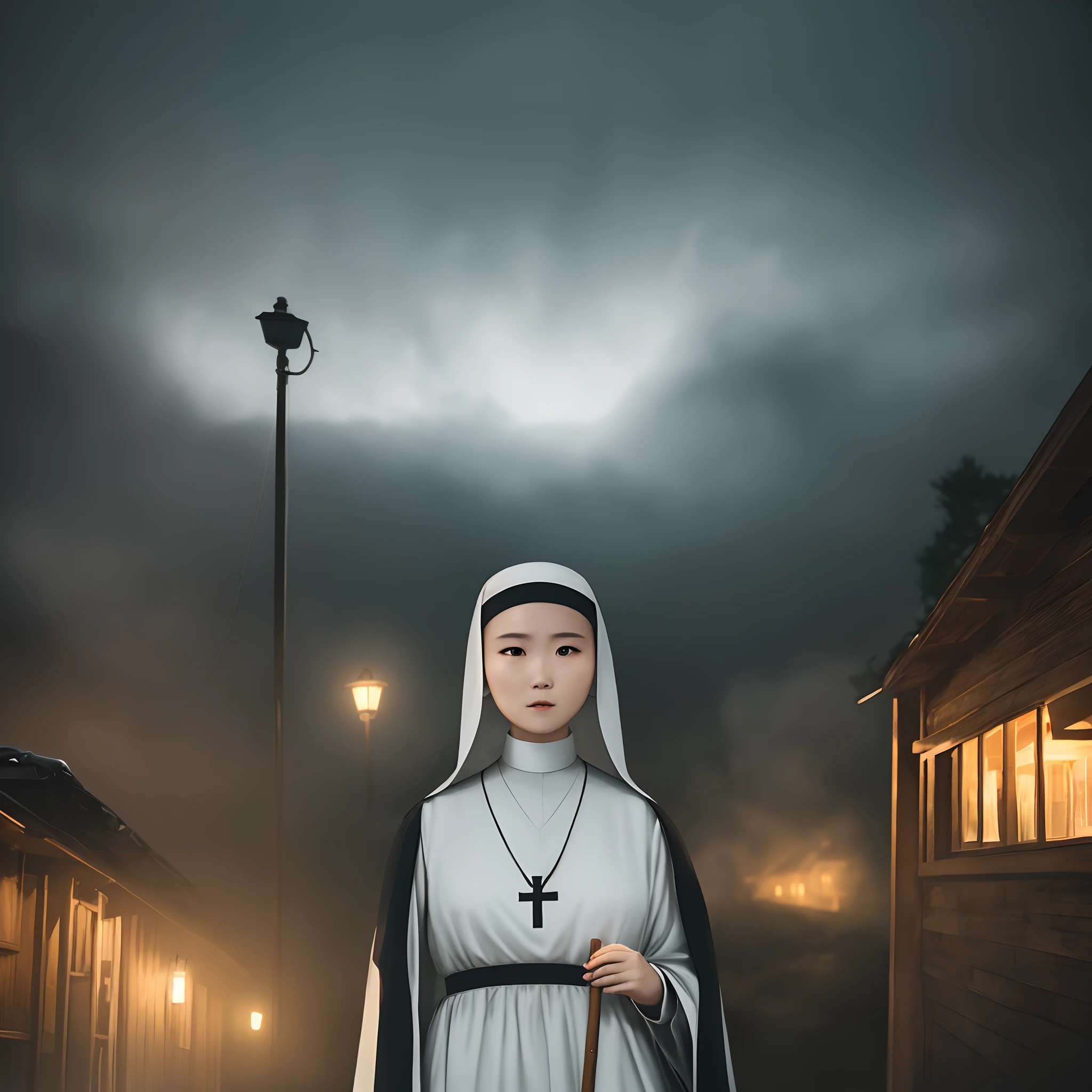 Cute girls,lewd nun,比基尼,holding an umbrella in her hand,cinematic Film still from, Cabin in the woods, Heavy atmosphere , Night, volume fog, Horror movie lighting ,Close up view of a single person