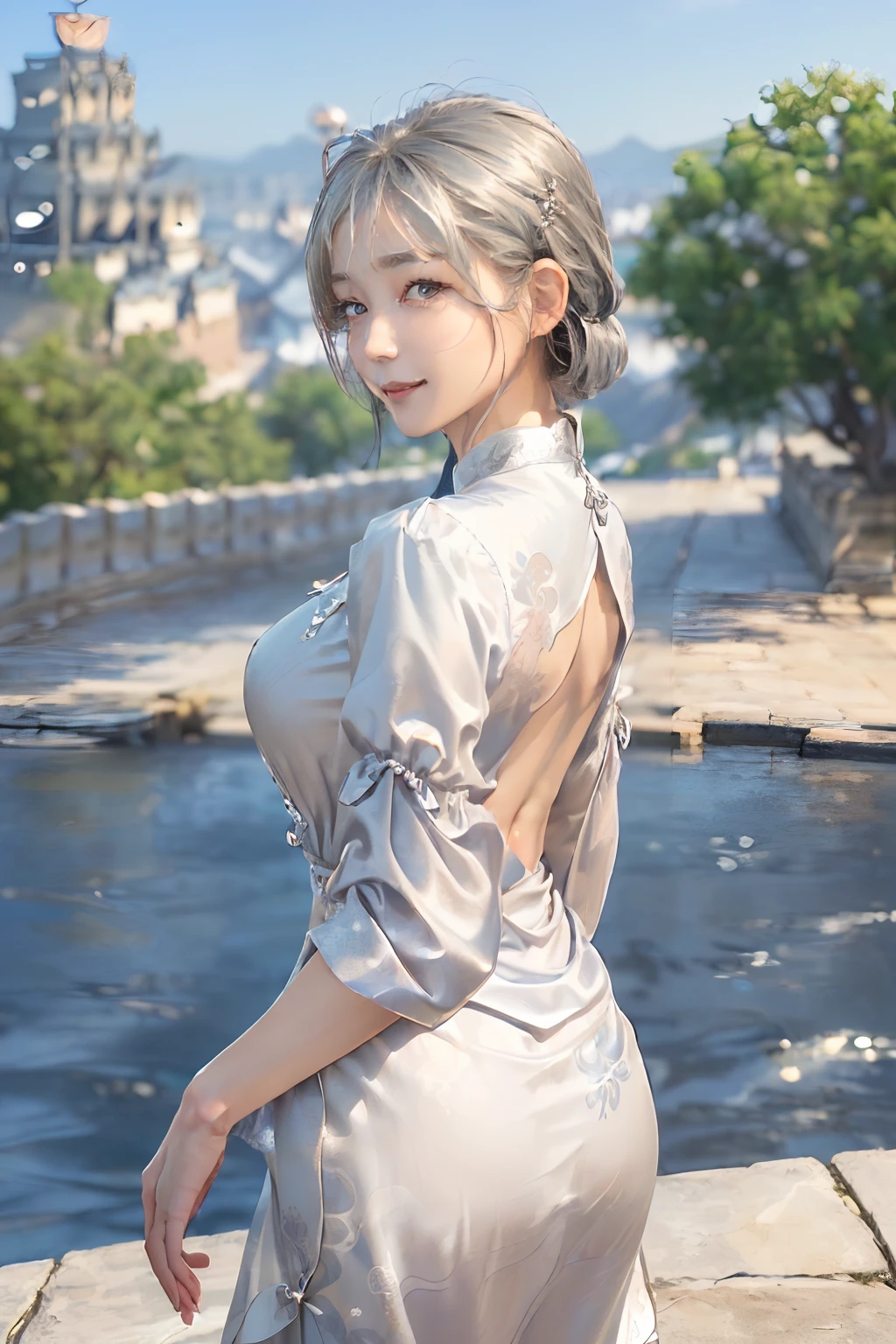 ((top-quality、8K、​masterpiece:1.3)),Clear, Fine-grained skin、Beautiful clear eyes、cleavage of the breast、(Backshots:1.5)、Carefree and natural smile、(Medium bob,Silver hair:1.5)、(Hair disheveled in the wind:1.3)、(Cute china clothes:1.5)、Beautiful girl with a smile、Citizen Pool、(thin-waist:1.3)、(Dynamic and provocative poses:1.2)、