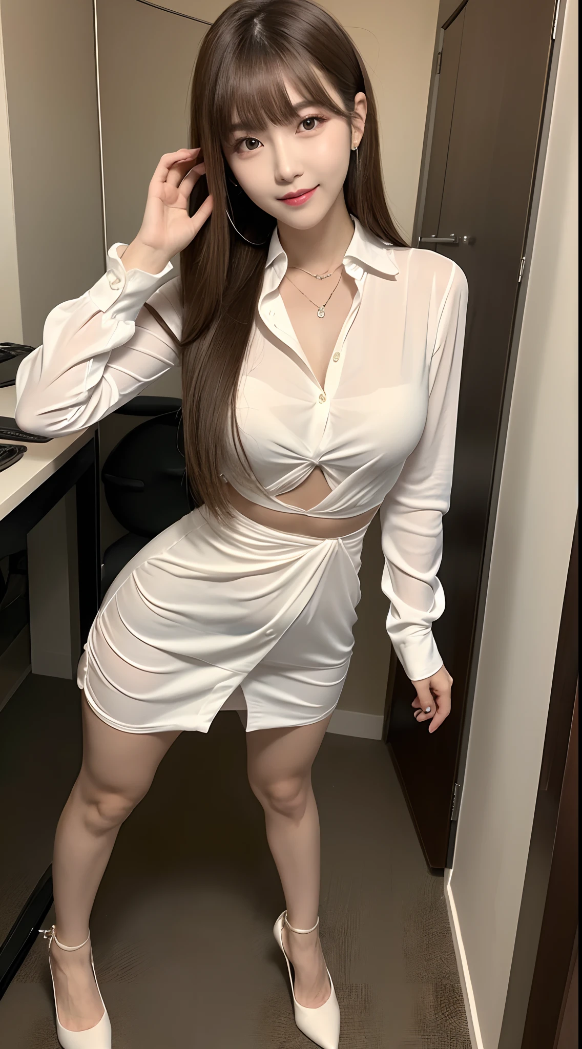 (Best Quality, 8K, masutepiece, Ultra HD: 1.3), 1girl in, smallunderboob, light brown hair, Blunt bangs, hair behind ear, hair over shoulder, Long hair, slender body shape, Ultra Fine Face, Delicate lips, Beautiful eyes, Double eyelids, lipsticks,A gaze that invites you, Ultra-thin hands, Ultra-fine fingers, shirt with collar, Tight Dress, beauty legs ,pumps.s Office、KPOP Idol Face,ssmile