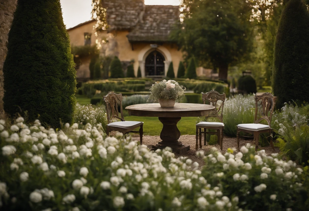 Medieval garden，Planted with white flowers，There is a stone pavilion and stone chairs