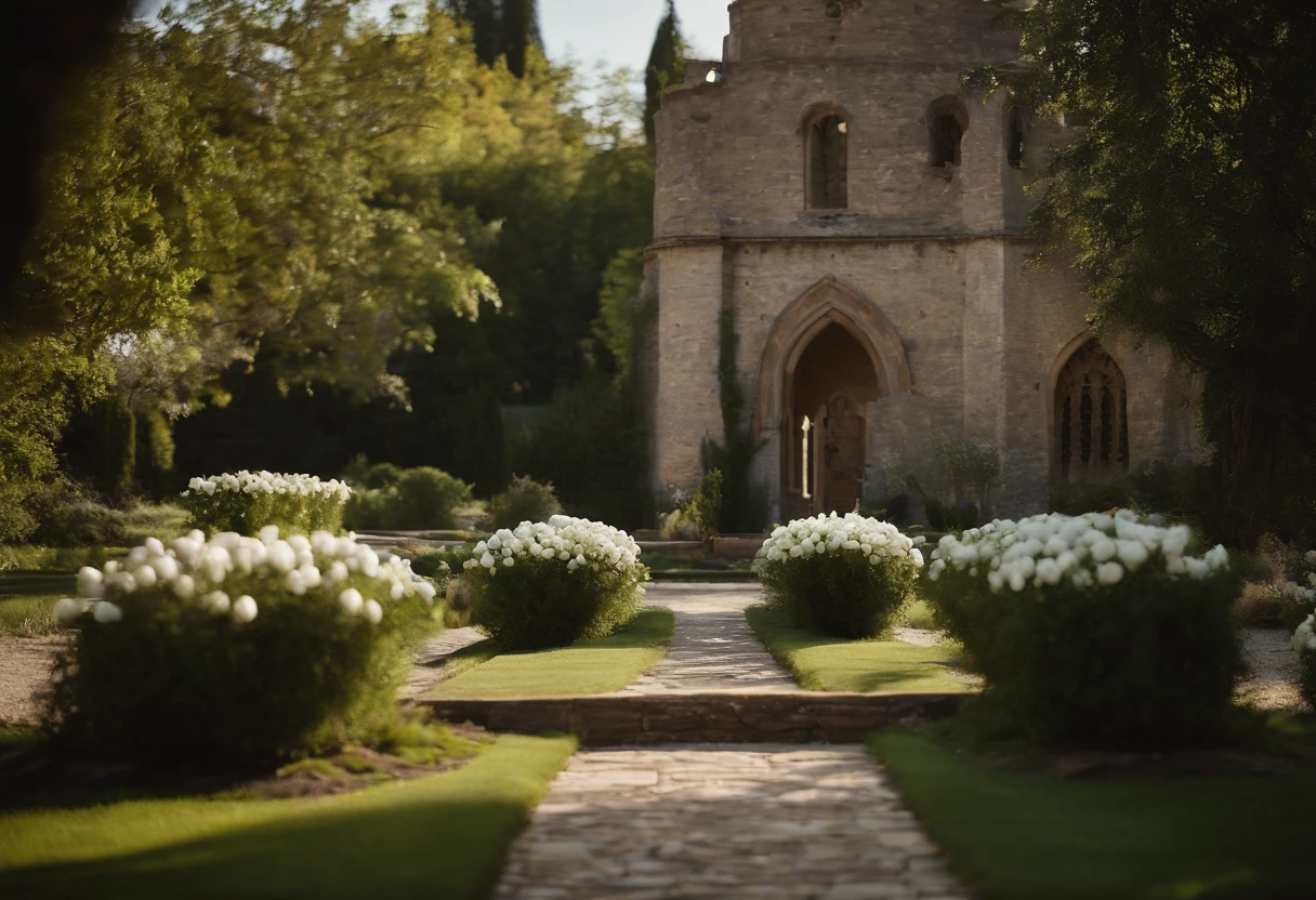 Medieval garden,Planted with white flowers,There is a stone pavilion and stone chairs