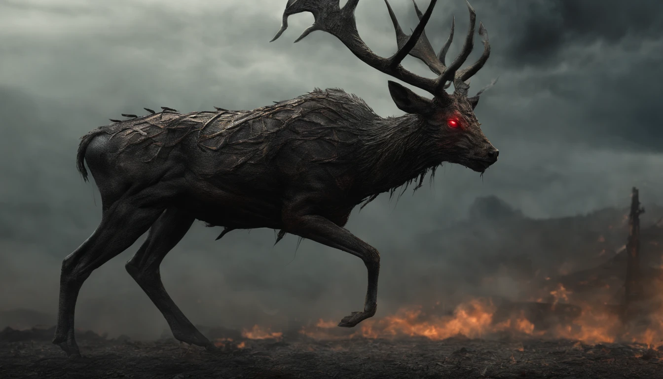 (huge lumbering beast made from black oil, (made from black slime:1.3), antlers, razor sharp teeth), barren landscape, tar pits and poisonous fumes, ash, lifeless and dead, dead twisted trees, cinematic film still, directed by Denis Villeneuve|Zack Snyder, steampunk masterpiece, (victorian style:1.2)