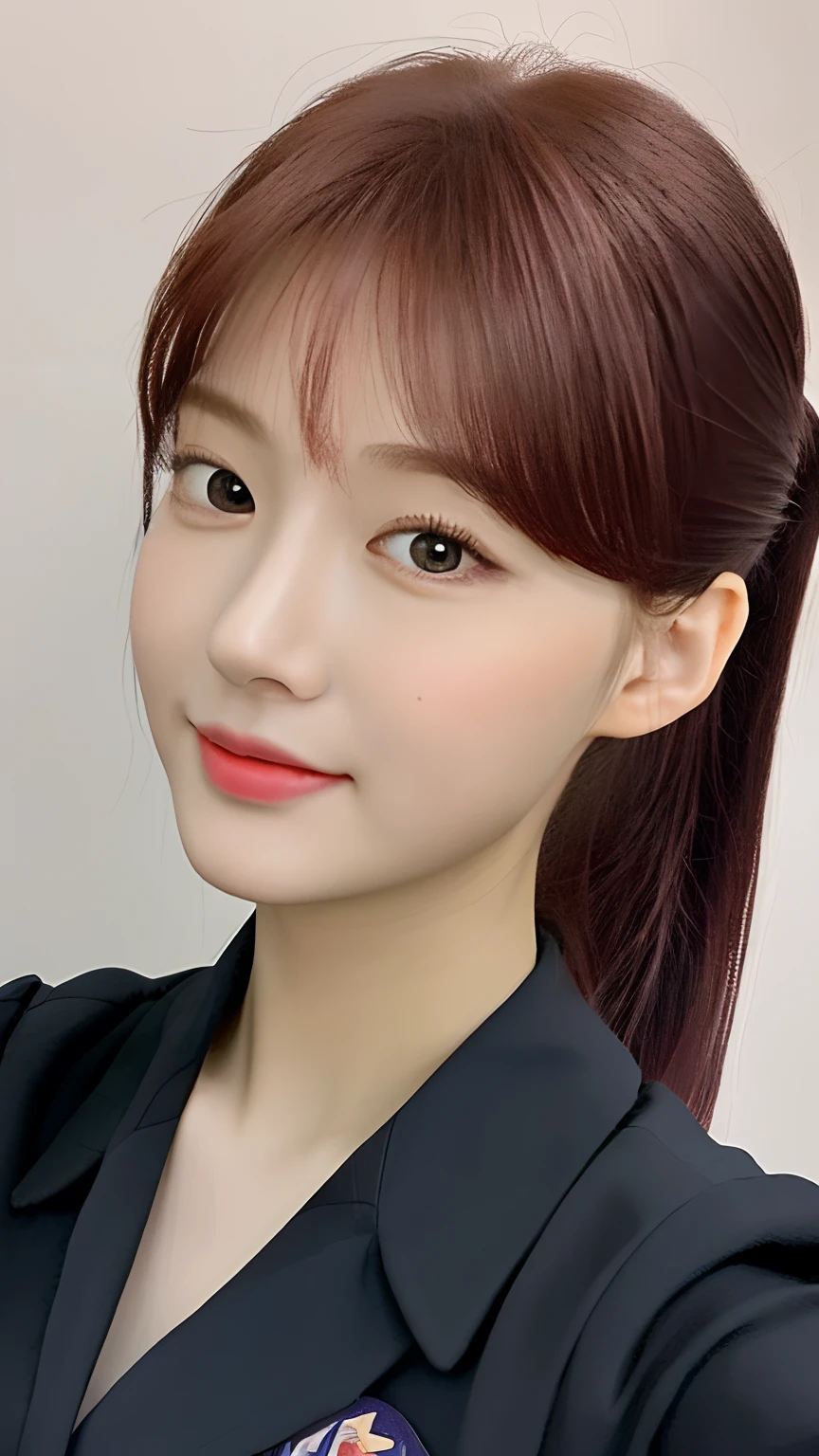 femele，Dark red hair，mid - length hair，self-shot，Look to the lens，laughingly，Black eyes，Student uniform，High ponytail，gentleness