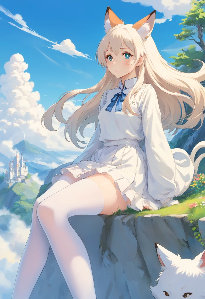 fox ear，Slender calves，white stockings，Masterpiece，Extremely tall girl，Huge maiden，Full limbs，Long-range shots,long  white hair，a white long skirt,with blue sky and white clouds
