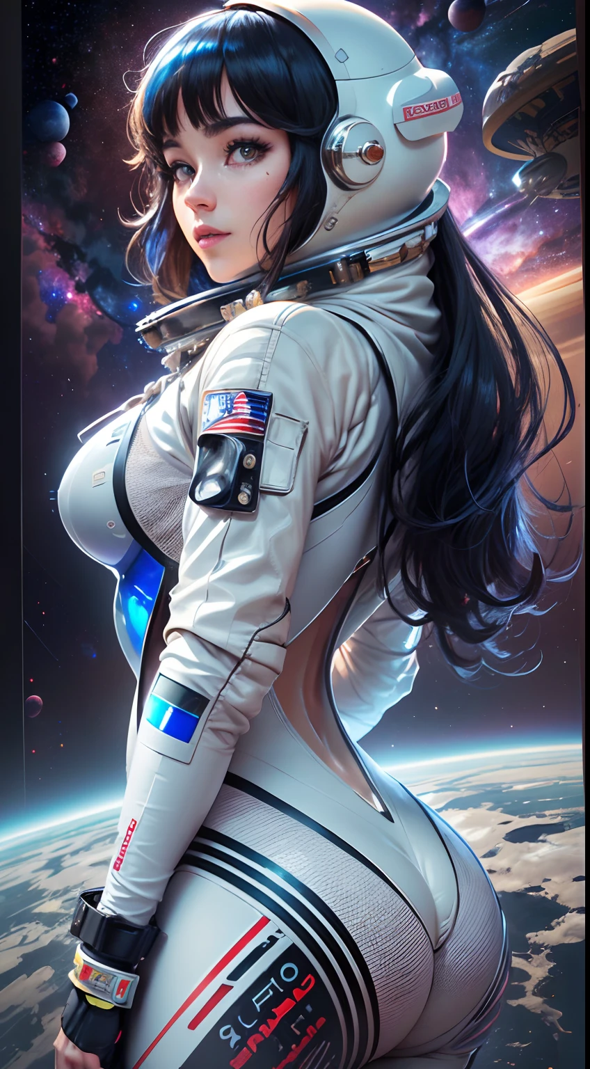(Innovative design)、Create ultra-detailed and futuristic images of beauty astronauts,(Ultra-futuristic design spacesuit) 、(((((Spacesuit with clear body lines)))))、24 year old、Colossal tits、Earth Eye、Photorealsitic、high-level image quality、Raw photo、8K、Hairstyle is bob hair、Aurora Liner Color、and draw the full body