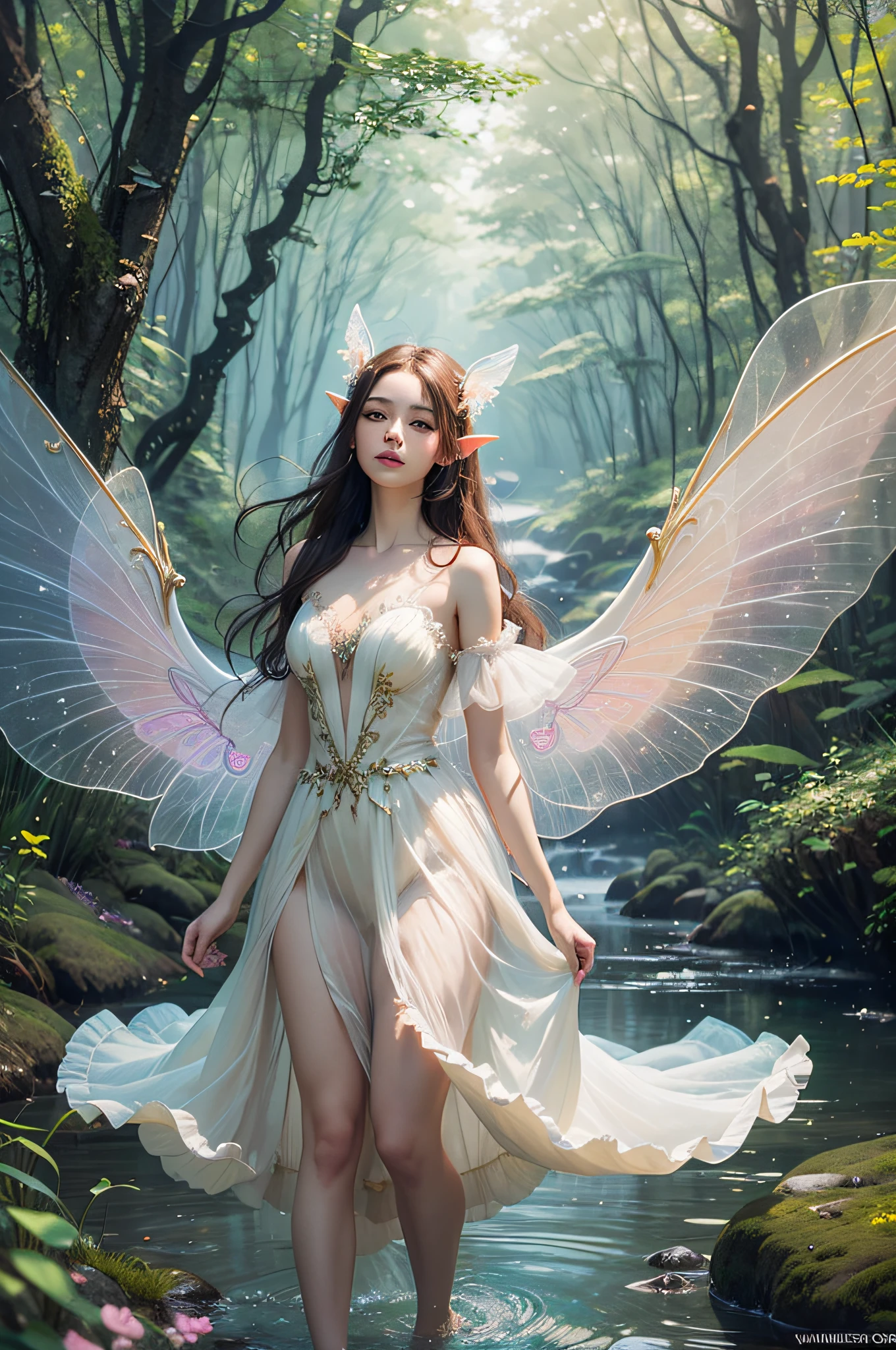 araffe fairy in a white dress walking through a stream, digital art inspired by WLOP, cgsociety contest winner, fantasy art, beautiful fairy, beautiful adult fairy, ethereal wings, a stunning young ethereal figure, portrait of a fairy, brunette elf with fairy wings, portrait of fairy, big white glowing wings, astral fairy, beautiful adult book fairy, ethereal beauty