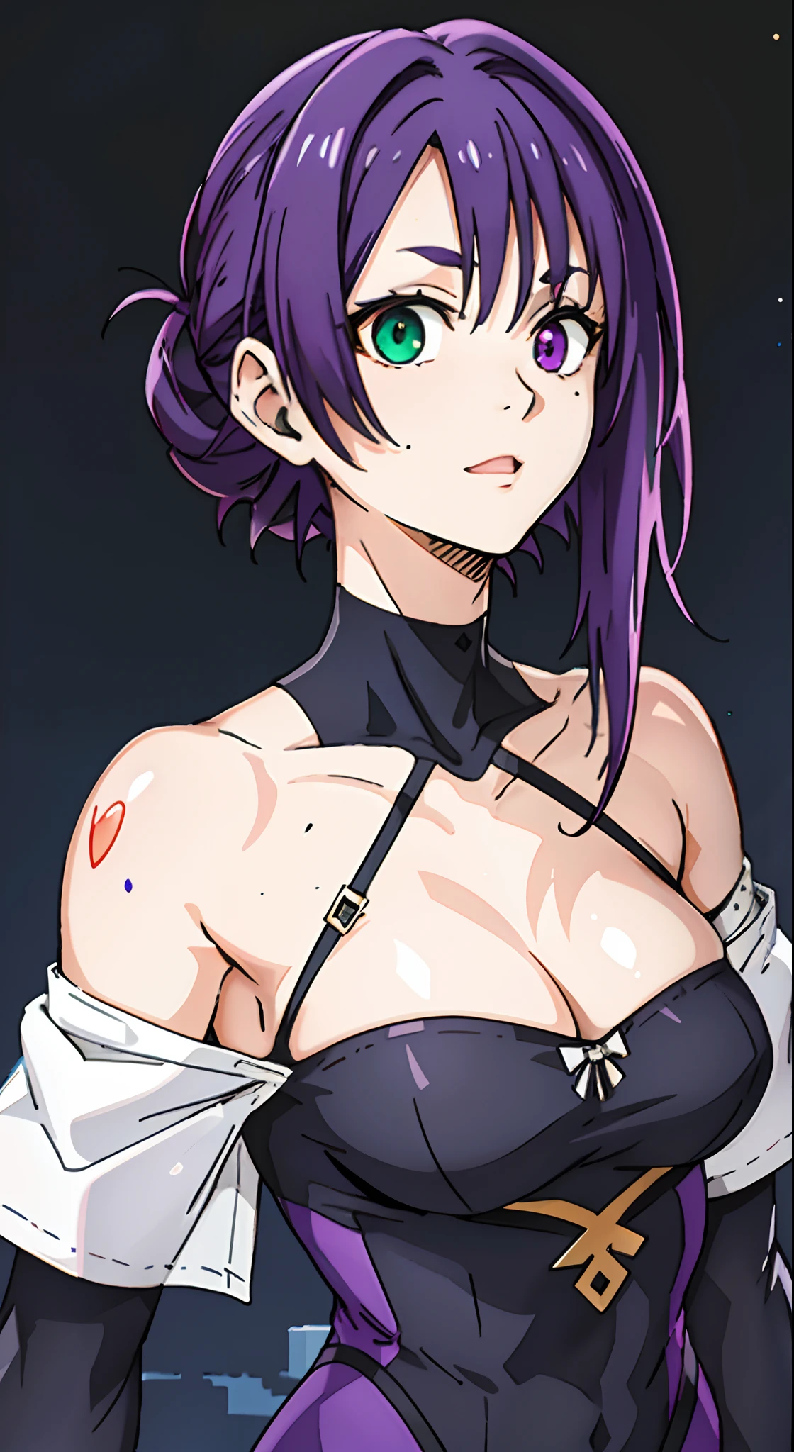 Masterpiece, Best quality, Ultra-detailed, Off-the-shoulder attire, Colorful,take up close, Hyper-detailing,purple color hair, reo mikage, bluelock, no sleeves, camisole, blue camisole, cheongsam, choker, arm warmers , bandages, scar, big breasts 1girl, Solo, sharpy face, heterochromia, green eyes, purple eyes, Bare neck