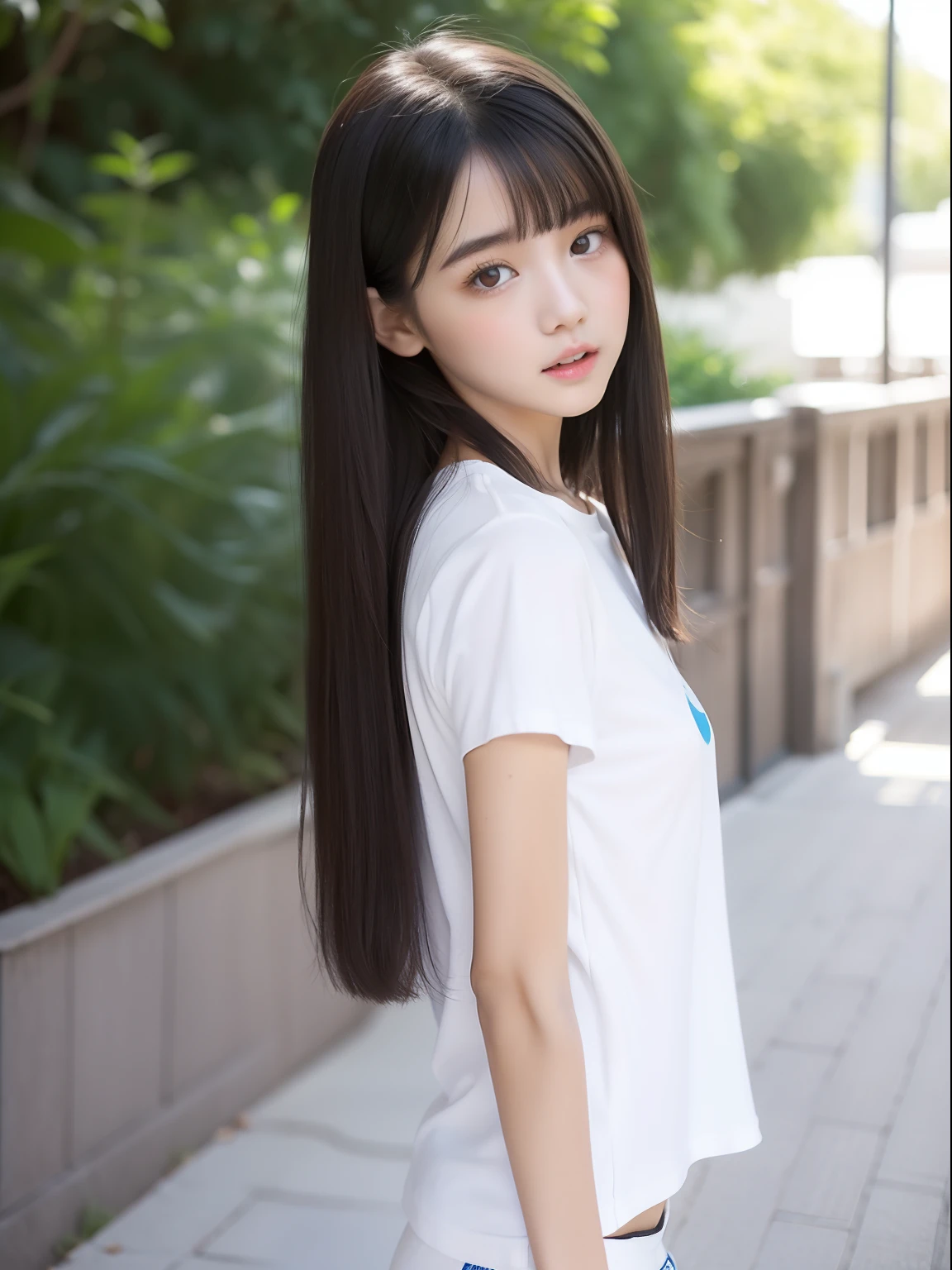 Looks Back,年轻,shortpants,Long white T-shirt,teens girl,Delicate body,petite body,Delicate body,small tits,tiny chest,A dark-haired,Very Longhair,An amusement park
