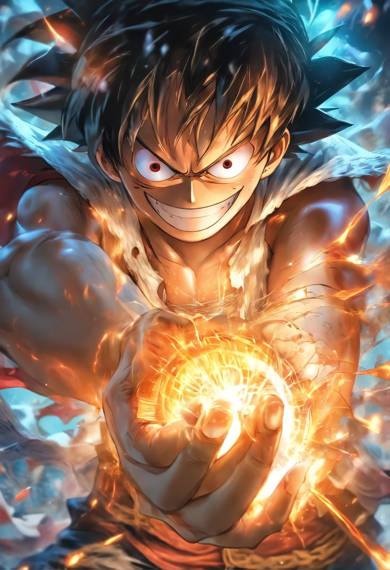 (White background:1.4),Best Quality, Intricate details, masutepiece, 1boy, man, masculine, Gear Fifth, Monkey D. Luffy, 1boy, Curly eyebrows, Gear Fifth, grin, , hat, Jacket, Long sleeves, Looking at Viewer, Male Focus, Open your clothes, Open jacket, Red Eyes, sanpaku, Scar, scar on chest, Short shorts, Shorts, Smile, Solo, a straw fedora hat, White hair, White jacket, White shorts, Thick eyebrows, White eyebrows,, Photorealistic, hyper realisitic, hyperdetails, analog style, hip cocked, demure, low cut, Black lace, Detailed skin, Matte skin, Soft lighting, Subsurface scattering, Realistic, heavy shadow, masutepiece, Best Quality, A hyper-realistic, 8K, Golden ratio, Convoluted, high detailing, film photography, Soft Focus, High Sharpness,Best Quality, Very detailed, masutepiece, Movie Light Effects, 4K )