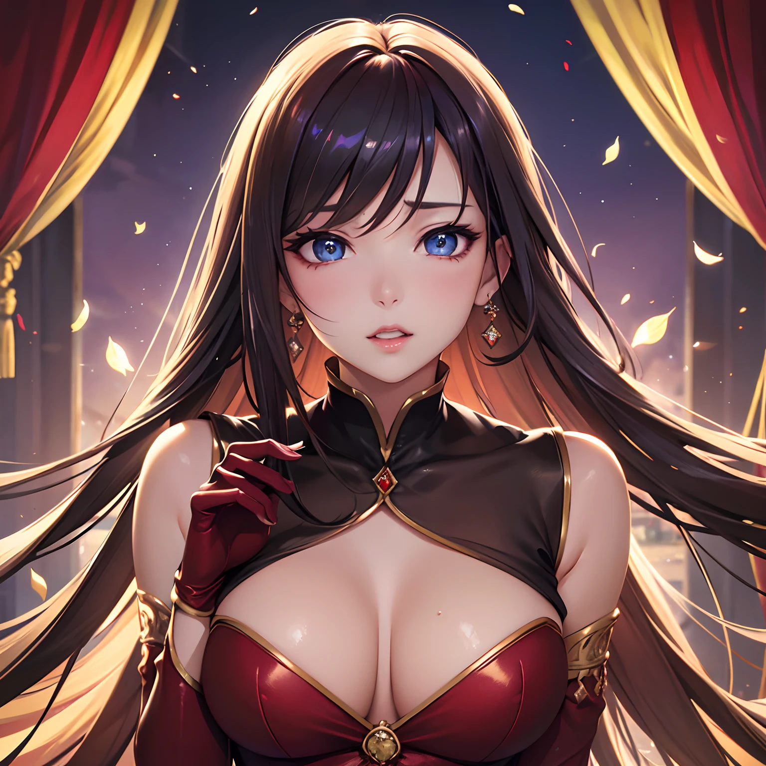 finest image, portrait, female, sexy, beautiful, cute, amorous expression, lewd expression, ecstasy, orgasm, light brown glossy flowing layered iridescent hair, blue sparkling big eyes, double eyelids, red alluring moist lips, very small breasts, abs, slender, red long dress, red long gloves, background royal palace, many falling petals, professional lighting