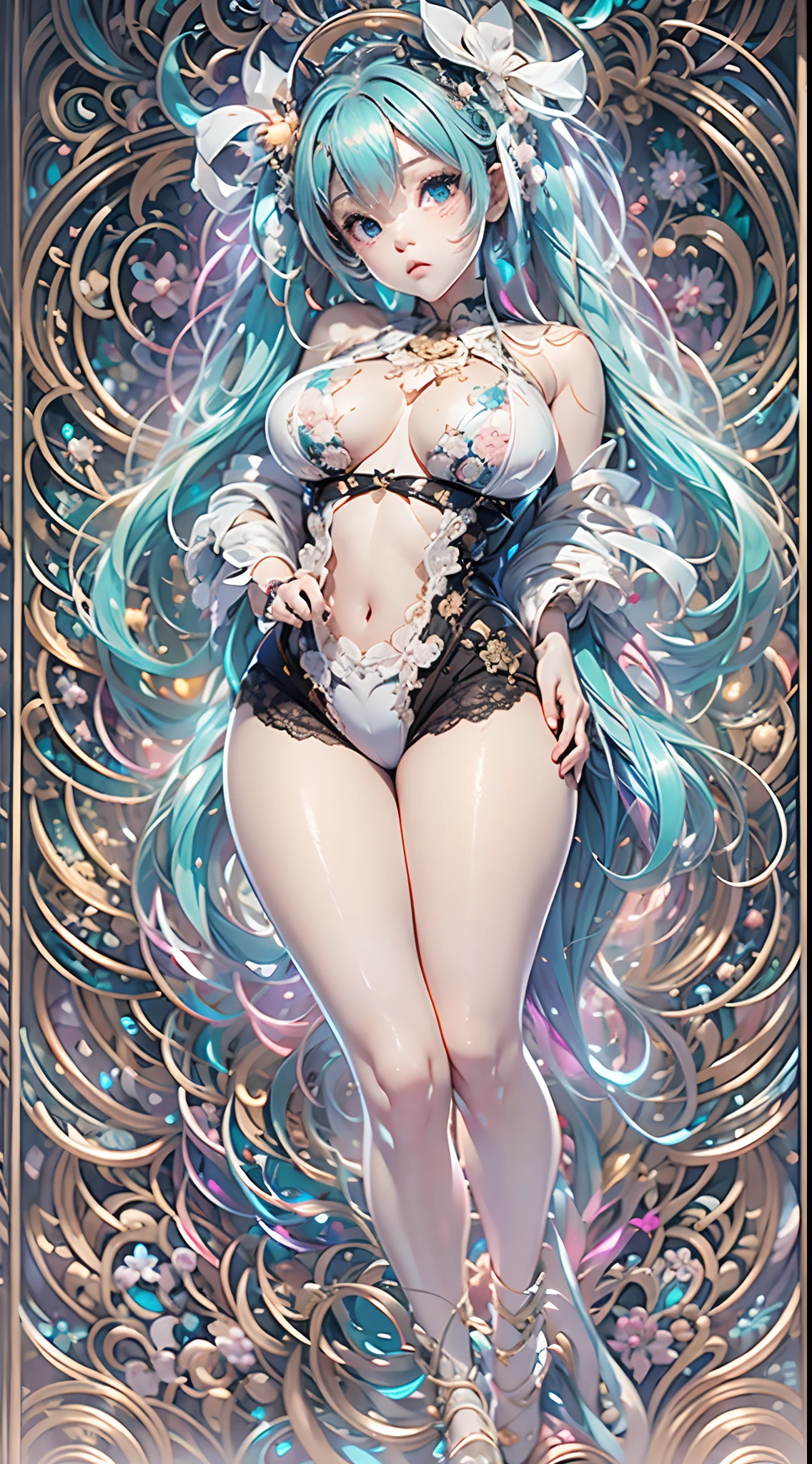 (Masterpiece), (Best quality), Highly detailed, hdr, 1girll, solofocus, skin indentation,Lace bra,lace panty, Perfect face, Puffy face, Beautiful face, Big eyes, Puffy eyes, Perfect eyes, eyeslashes,Big breasts Hatsune Miku,extremelydetailedface,PureErosFace_V1,Urzang-6500-V1 version.1,
