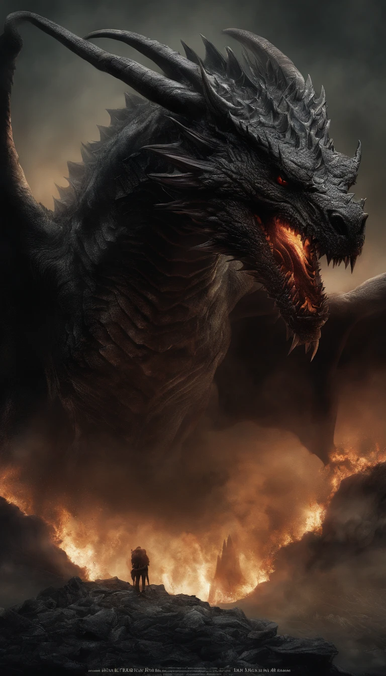 (Best quality,4K,High-res,Masterpiece:1.2),Extremely detailed,Gigantic,Western Dragon,Black Dragon,immensity,Ferocious creatures,Terrifying,Sharp scales,Vibrant colors,hot atmosphere,treasure,soaring through the sky,Overwhelming presence,Majestic wingspan,Sinister gaze,mythological creatures,mito