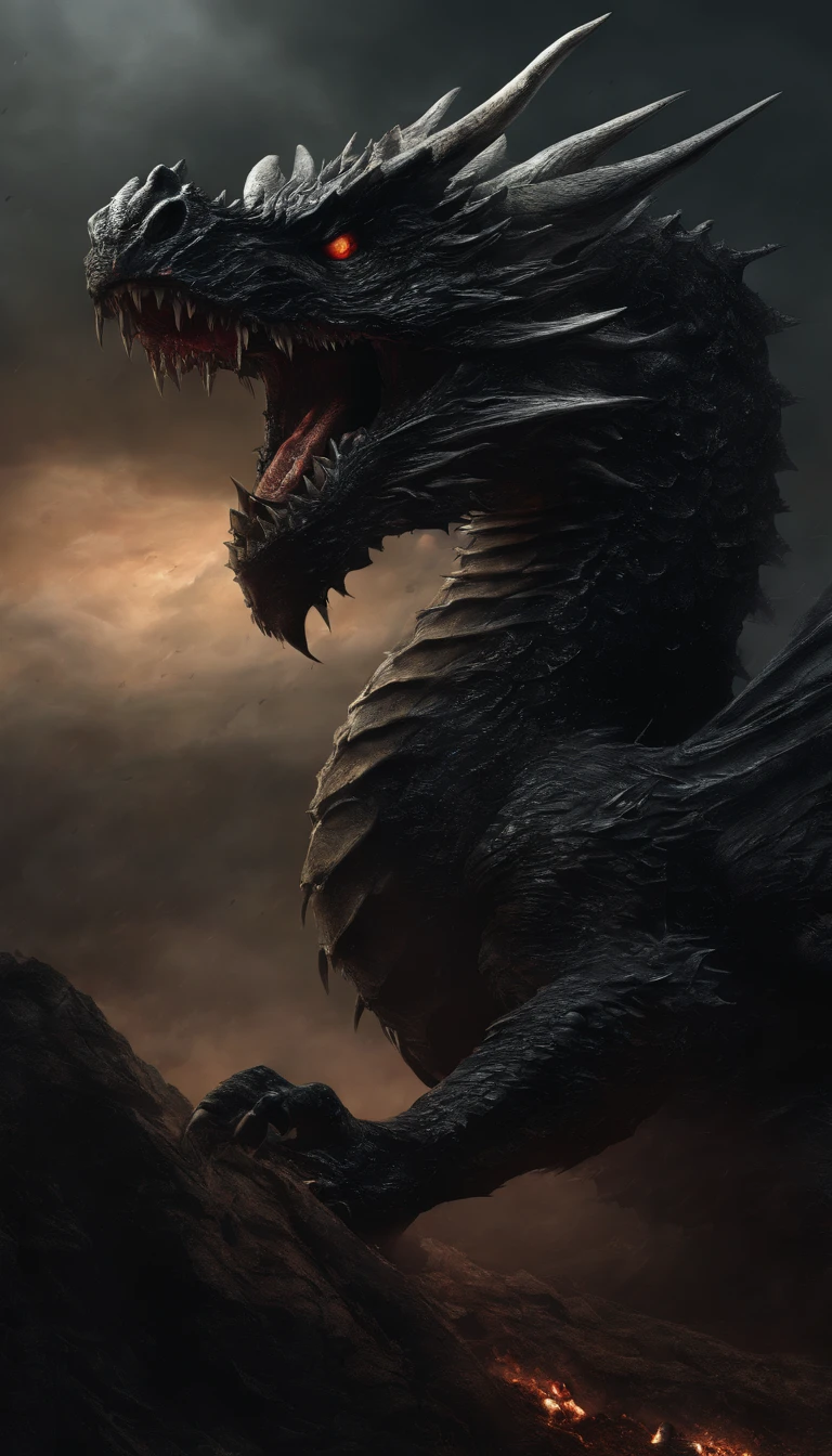 (Best quality,4K,High-res,Masterpiece:1.2),Extremely detailed,Gigantic,Western Dragon,Black Dragon,immensity,Ferocious creatures,Terrifying,Sharp scales,Vibrant colors,hot atmosphere,treasure,soaring through the sky,Overwhelming presence,Majestic wingspan,Sinister gaze,mythological creatures,mito