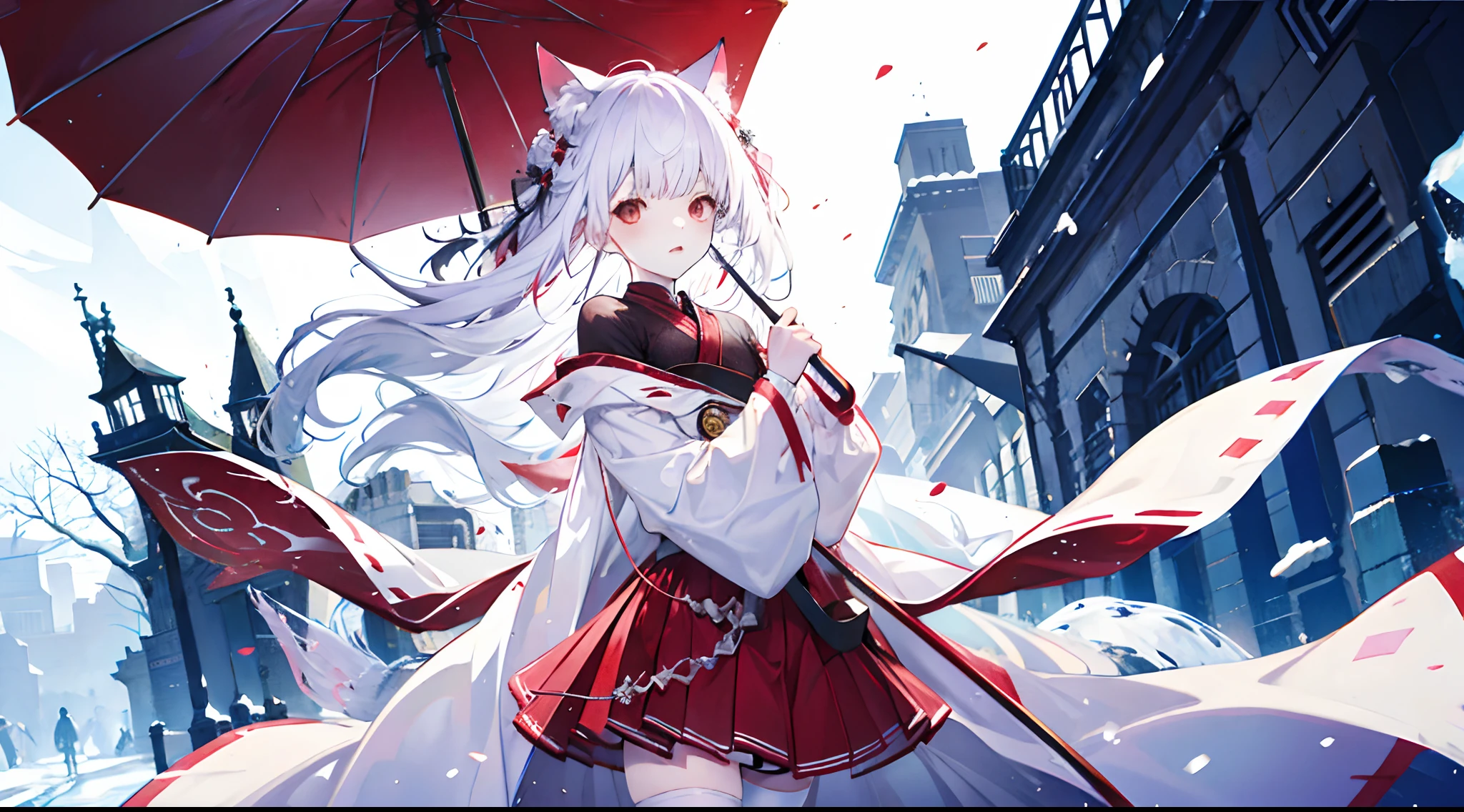 white colored hair, the anime, Girl, shrine, White cat ears, Red Witch Costume, snowing, Red umbrella, red eyes, snowing, white stockings
