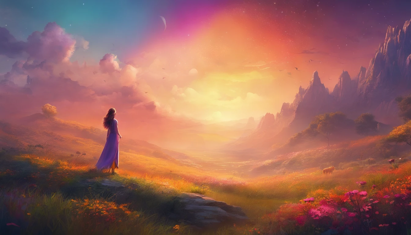 vasta foto de paisagem, (vista de baixo, The sky is above and the open field is below), a girl standing on a flower field looking up, (pegue a chave: 1.2), (meteoro: 0.9), (nebulosa: 1.3), montanhas distantes, BREAK Trees Artisanal Art, (luz quente: 1.2), (vagalumes: 1.2), luzes, muito roxo e laranja, detalhes intrincados, volumeric lighting, realismo BREAK (obra-prima: 1.2), (melhor qualidade), 4k, ultra-detalhado, (dynamic compositing: 1.4), detalhes muito detalhados e coloridos, (rainbow colors: 1.2), (bright illumination, Atmospheric Illumination), sonhador, Magia, (sozinho: 1.2)