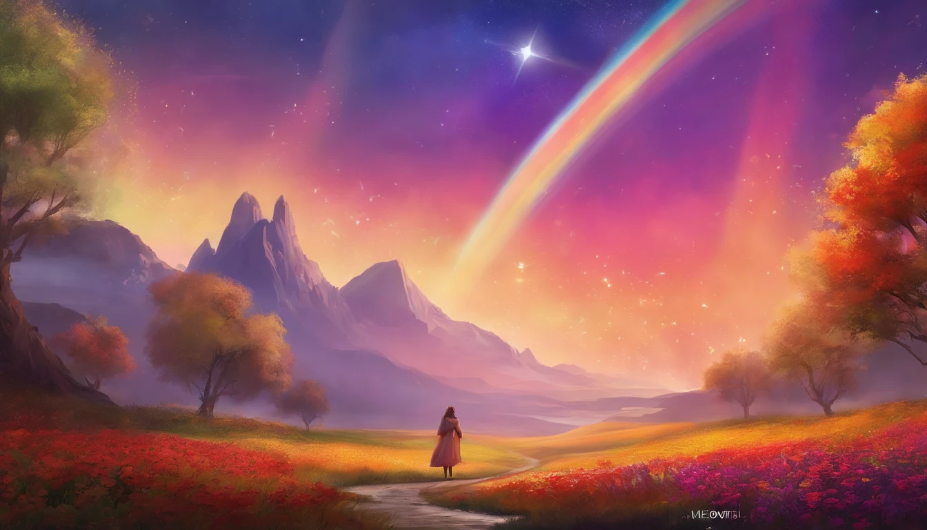 vasta foto de paisagem, (vista de baixo, The sky is above and the open field is below), a girl standing on a flower field looking up, (pegue a chave: 1.2), (meteoro: 0.9), (nebulosa: 1.3), montanhas distantes, BREAK Trees Artisanal Art, (luz quente: 1.2), (vagalumes: 1.2), luzes, muito roxo e laranja, detalhes intrincados, volumeric lighting, realismo BREAK (obra-prima: 1.2), (melhor qualidade), 4k, ultra-detalhado, (dynamic compositing: 1.4), detalhes muito detalhados e coloridos, (rainbow colors: 1.2), (bright illumination, Atmospheric Illumination), sonhador, Magia, (sozinho: 1.2)