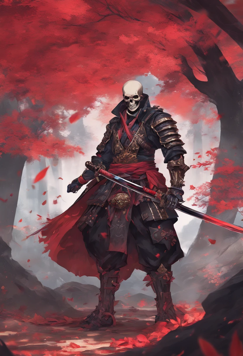 (8K, 16 K, awardwinning, Highest Quality, High resolution, Super Detail,), Highly detailed 4K resolution digital artwork, (Skeleton Swordsman: 1.3), Samurai,kimono、Hakama Lighting is dynamic, Highlighted intricate details, Splash art with triad colors and deep tones, Storybook style, Warriors have no hair, The best camera models and lenses, Japanese Katana Sword, A large tree with autumn leaves, red leaves, Return blood, Overwhelming beauty, A bunch of swords stuck in the ground, Symbol of strength.